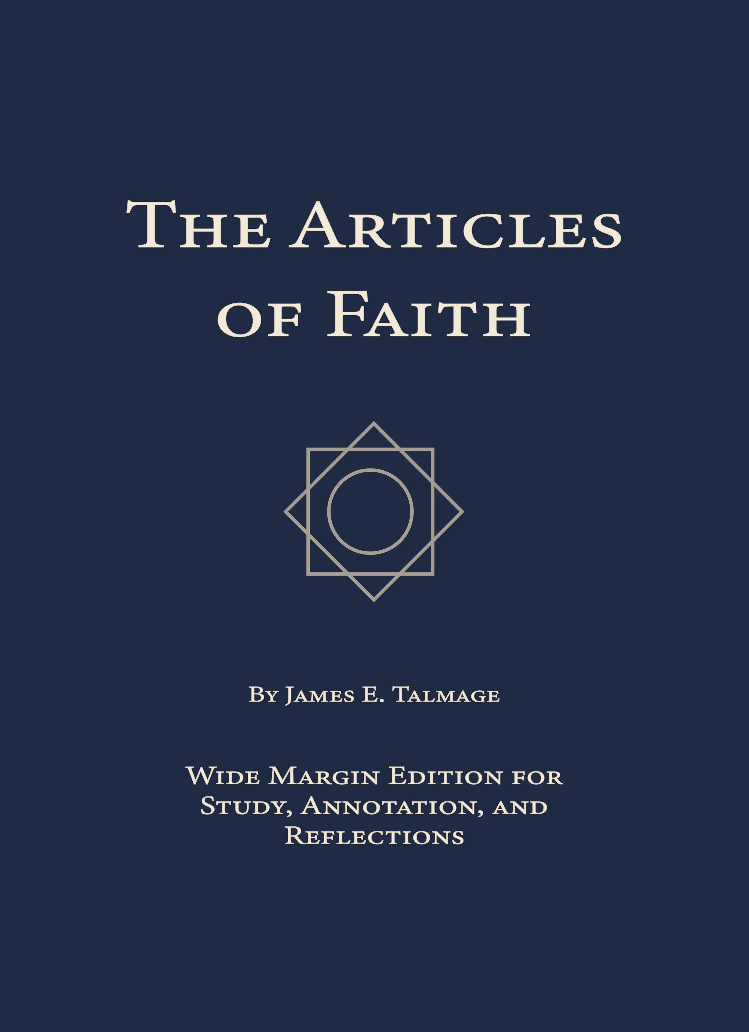 Cover of a book titled 'The Articles of Faith' by James E. Talmage, with a dark blue background and a minimalist geometric symbol in the center.