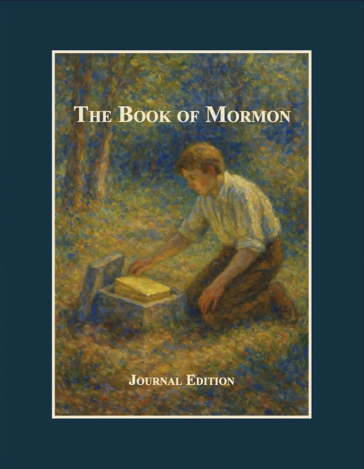 Book cover of The Book of Mormon, Journal Edition, with an impressionistic painting of boy kneeling outdoors, engaged with a book placed on a small stool.