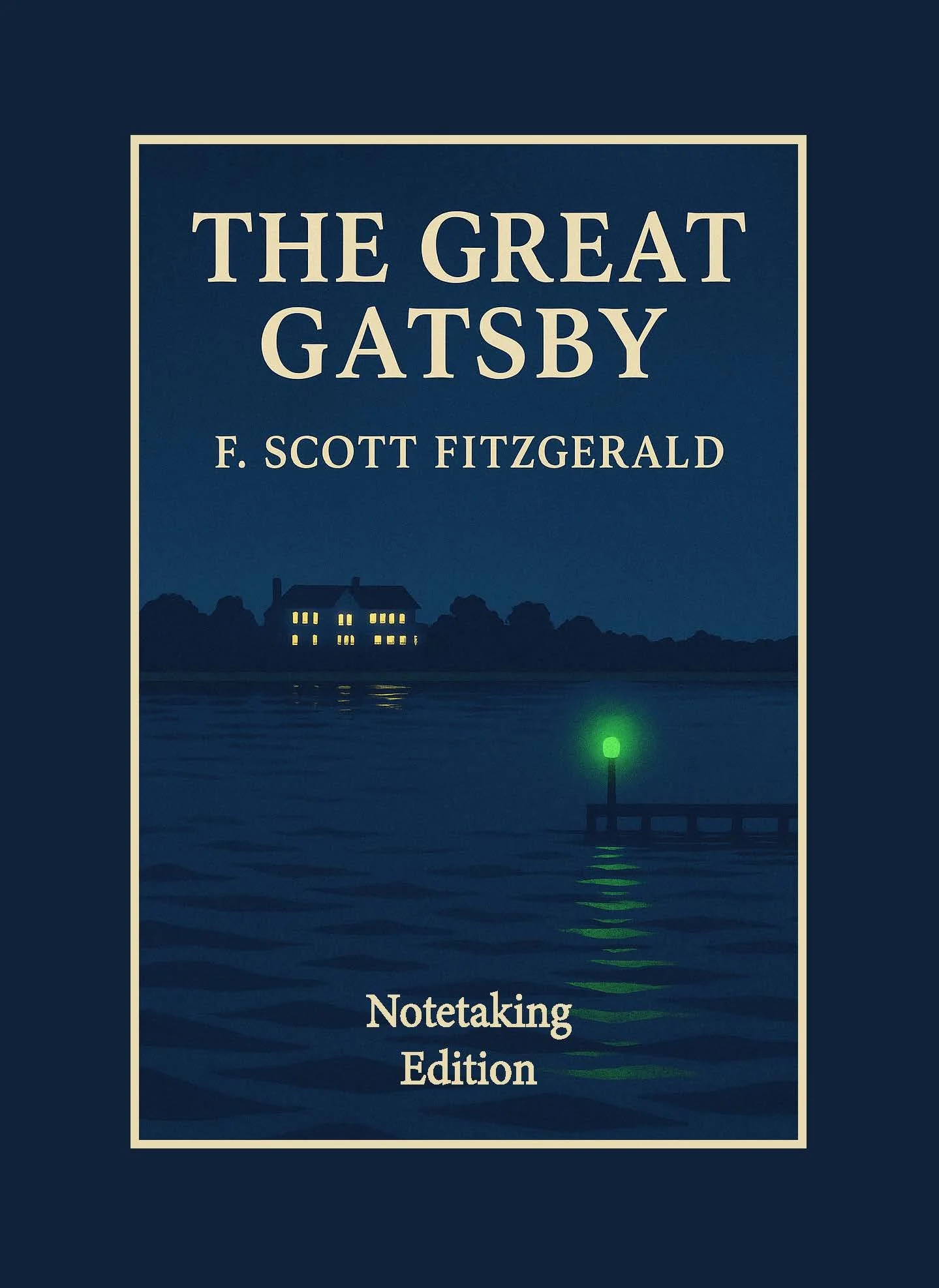 Cover of 'The Great Gatsby' by F. Scott Fitzgerald featuring an illustration of a house and a dock with a green light on the water at night.
