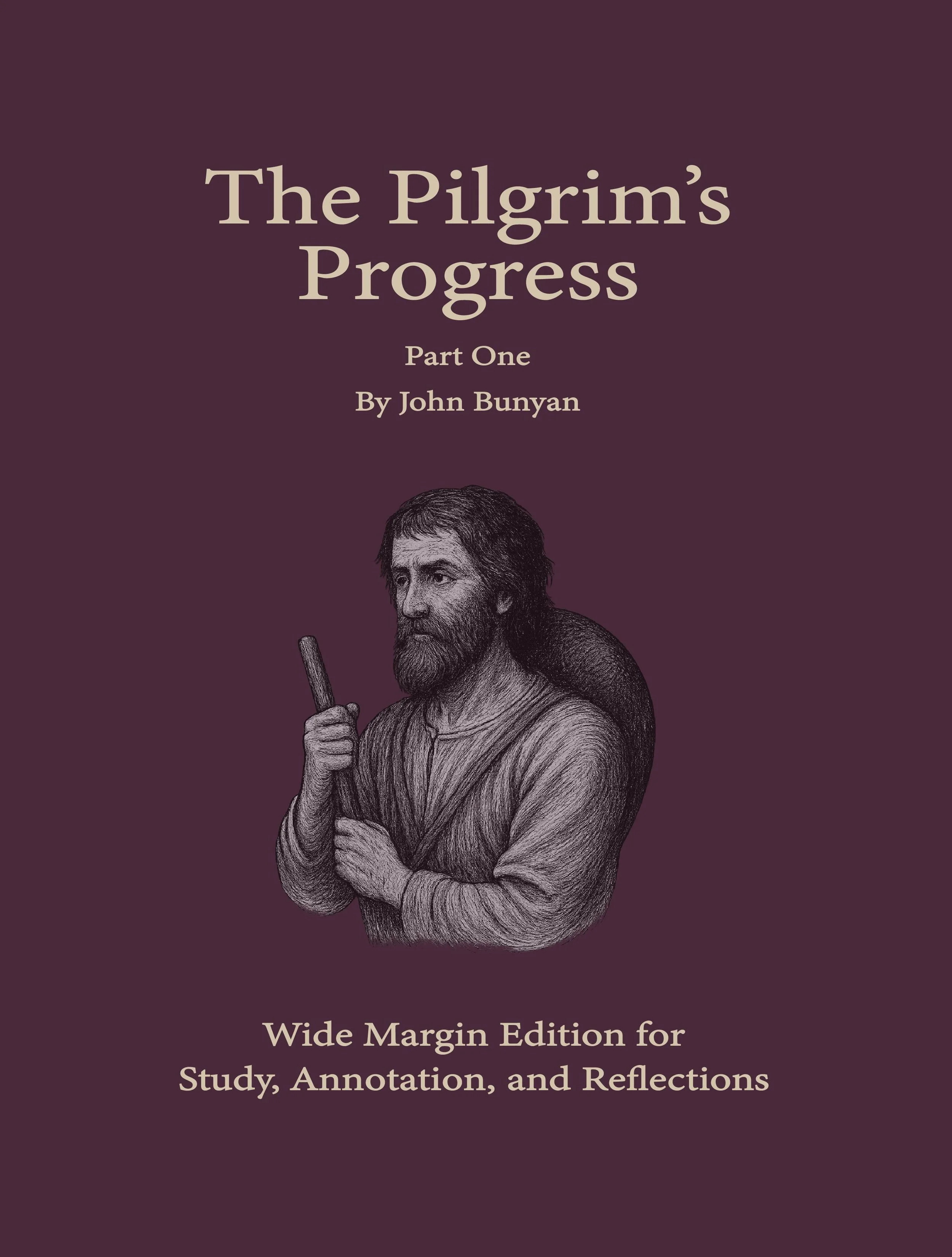 Book cover titled 'The Pilgrim's Progress' by John Bunyan, featuring a black-and-white illustration of a man carrying a staff.