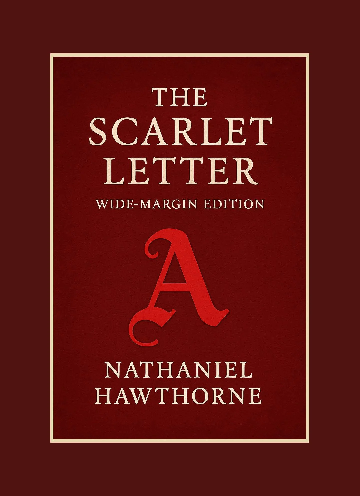 Red book cover with cream border, titled 'The Scarlet Letter, Wide-Margin Edition' by Nathaniel Hawthorne, featuring a large red letter A in the center.