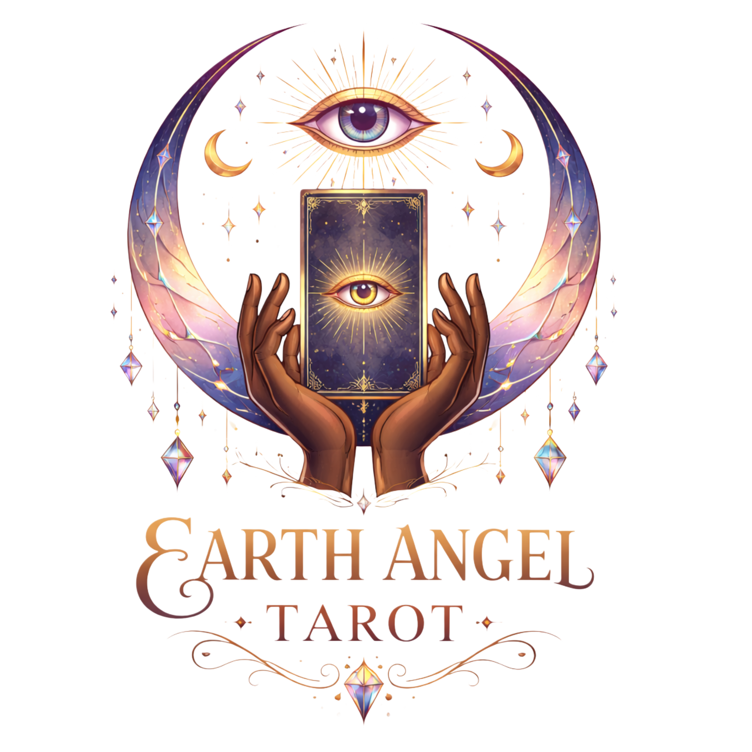 Artwork for Earth Angel Tarot features an eye with radiant light, a card with another eye, a pair of hands holding the card, a crescent moon, and stars, with the text 'Earth Angel Tarot' at the bottom.