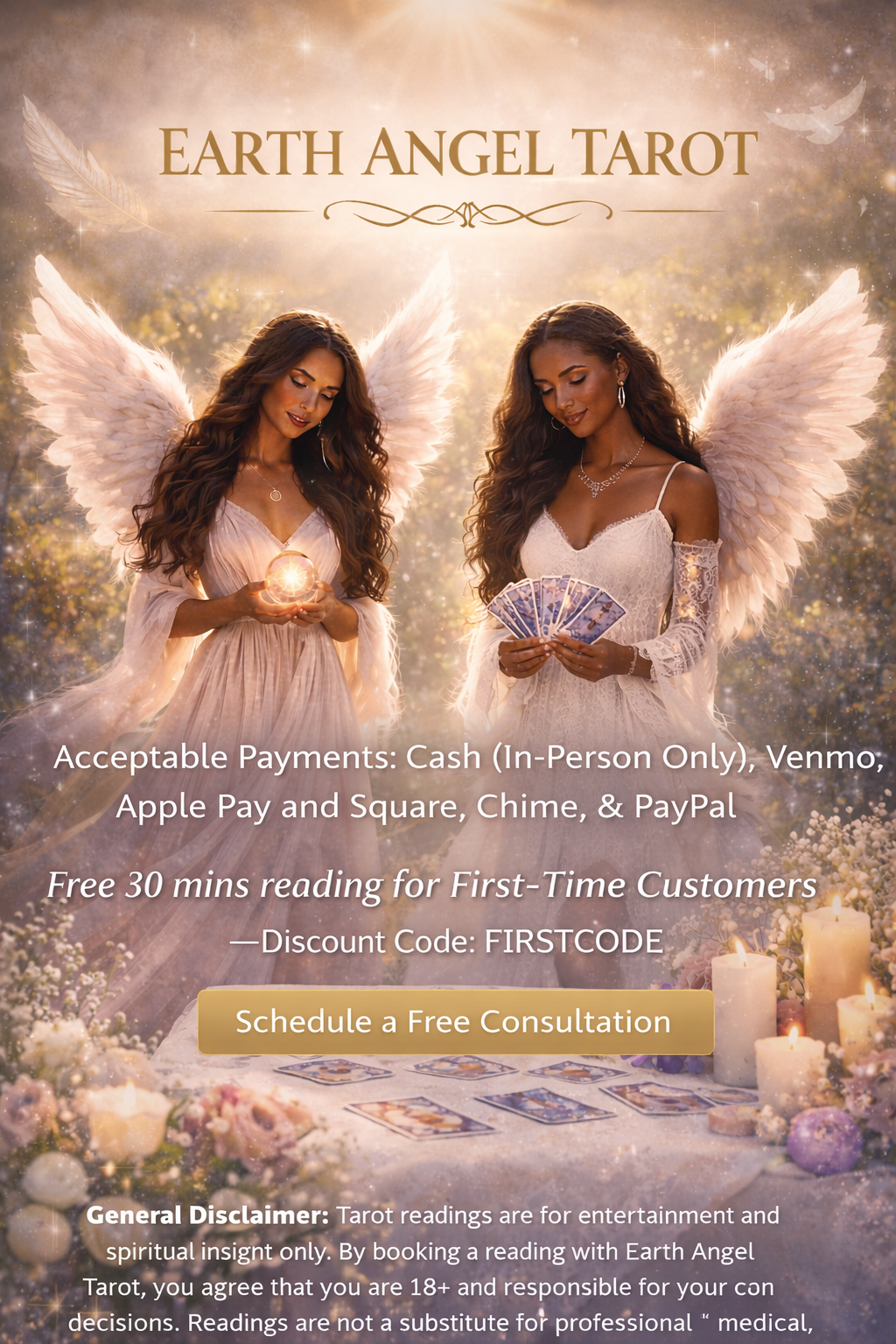 A tarot reading promotional poster featuring two women with angel wings, wearing elegant dresses and surrounded by candles and flowers, advertising Earth Angel Tarot services.