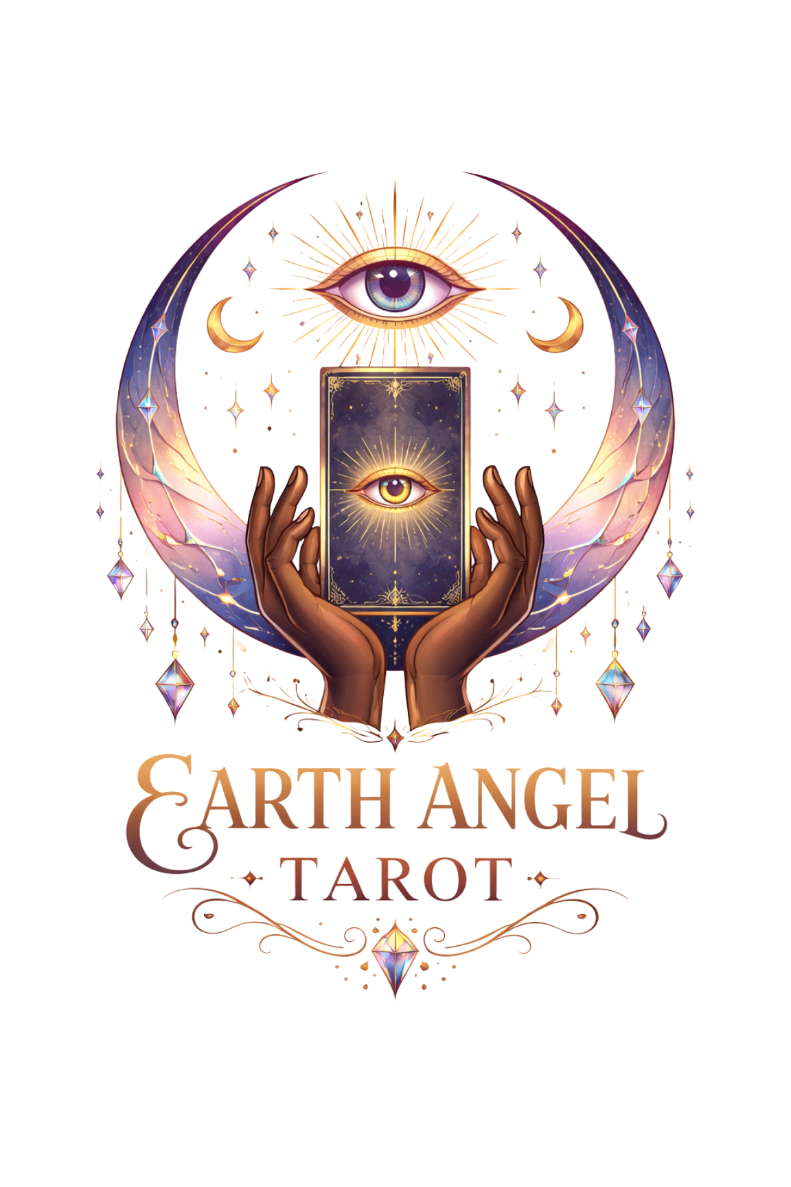 Artwork featuring an eye above a tarot card with an eye in a radiant design. Hands hold the tarot card, with celestial and gemstone motifs, crescent moons, and a moon and star in the background. The text reads "Earth Angel Tarot."