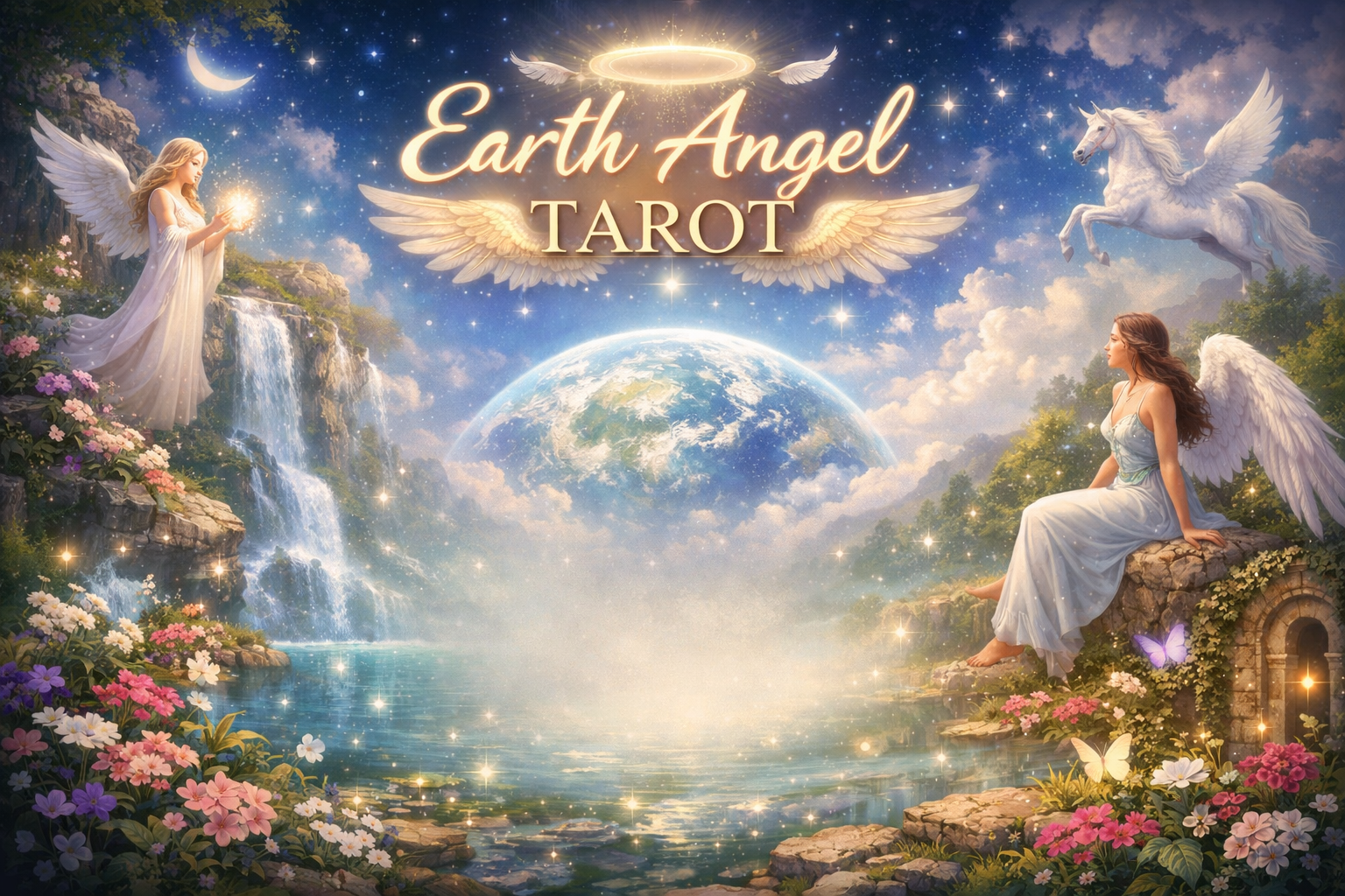 Fantasy illustration for Earth Angel Tarot, featuring two angelic women with wings, a majestic white horse with wings, a glowing earth in the background, a waterfall, flowers, butterflies, and a starry sky with a crescent moon.