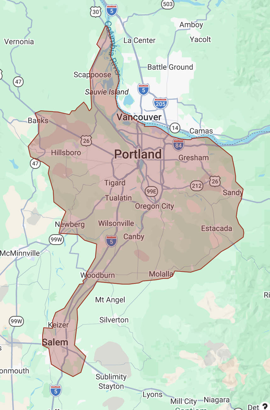 Map of Portland, Oregon, and surrounding areas with highlighted city boundaries.