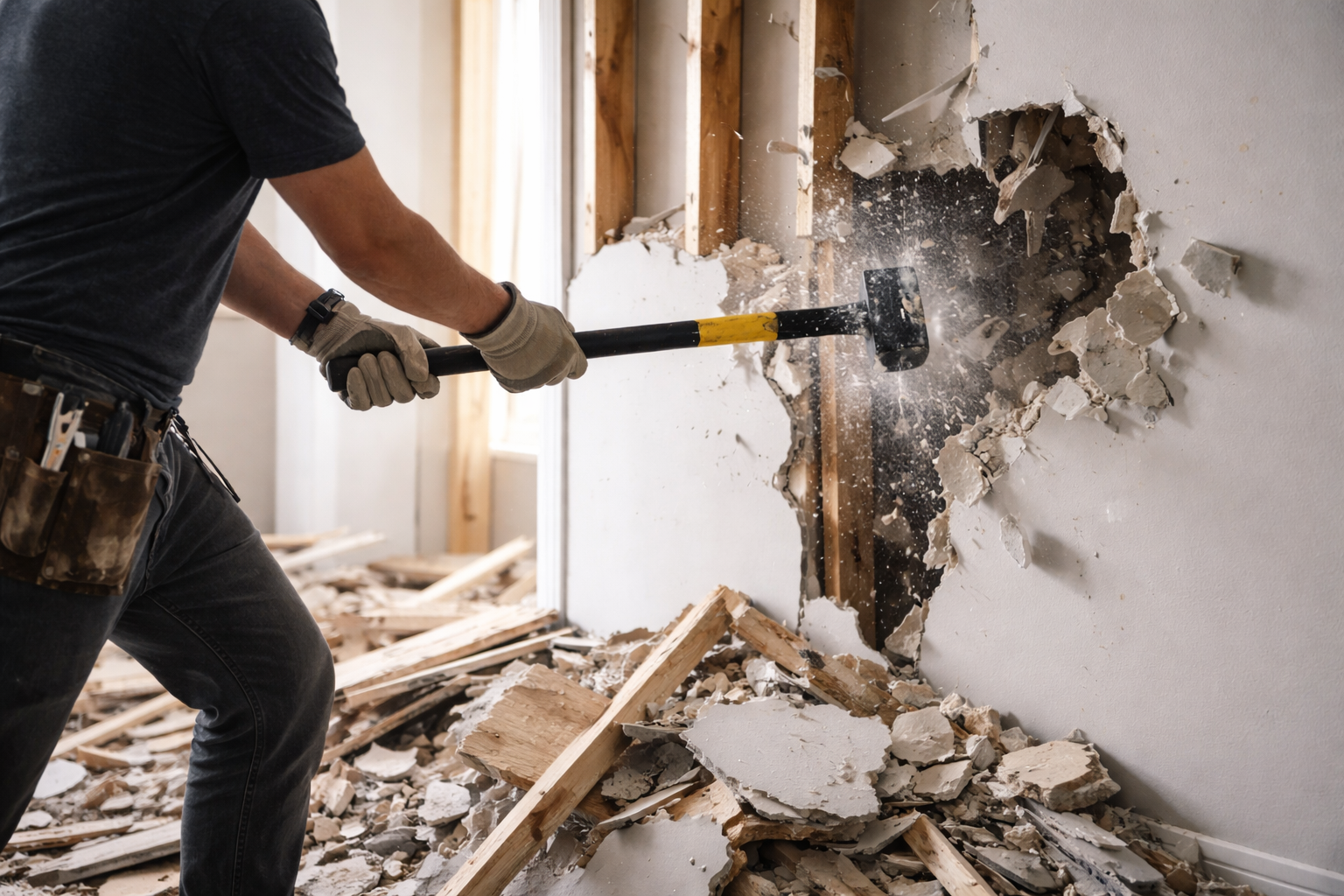 Person demolishing a wall with a sledgehammer, breaking through drywall and wood framing, debris on the floor.