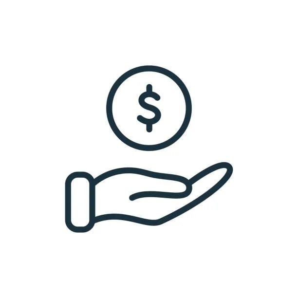 Outline of a hand holding a coin with a dollar sign.
