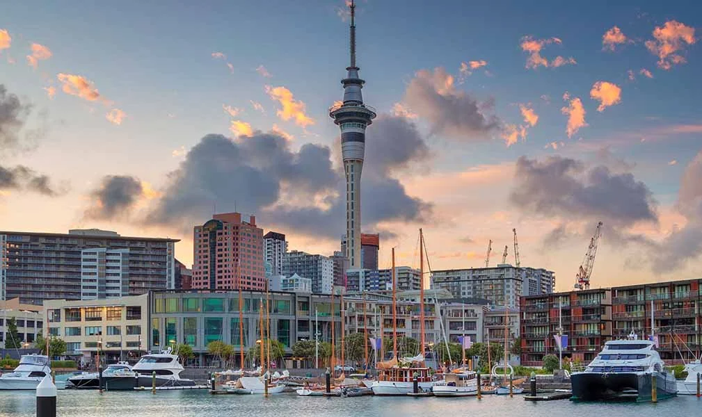 Skyline of Auckland, New Zealand, with the Sky Tower and boats in the harbor during sunset.
