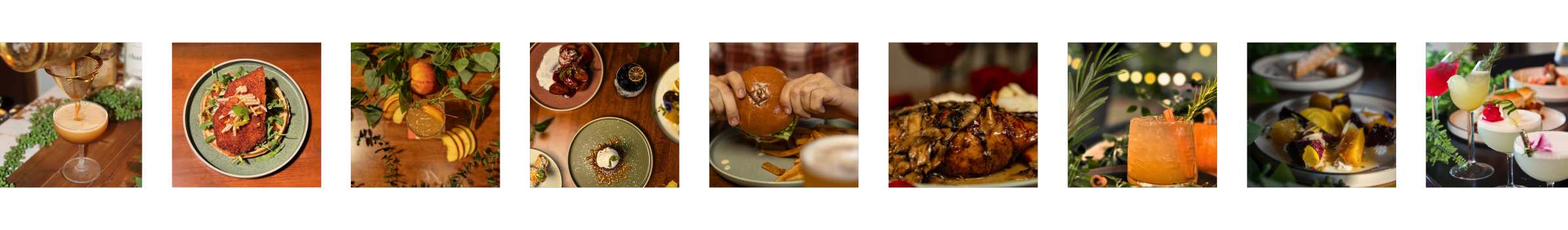A collage of various dishes and drinks, including cocktails, salads, a steak, a roasted dish, and desserts, arranged on different plates and glasses.