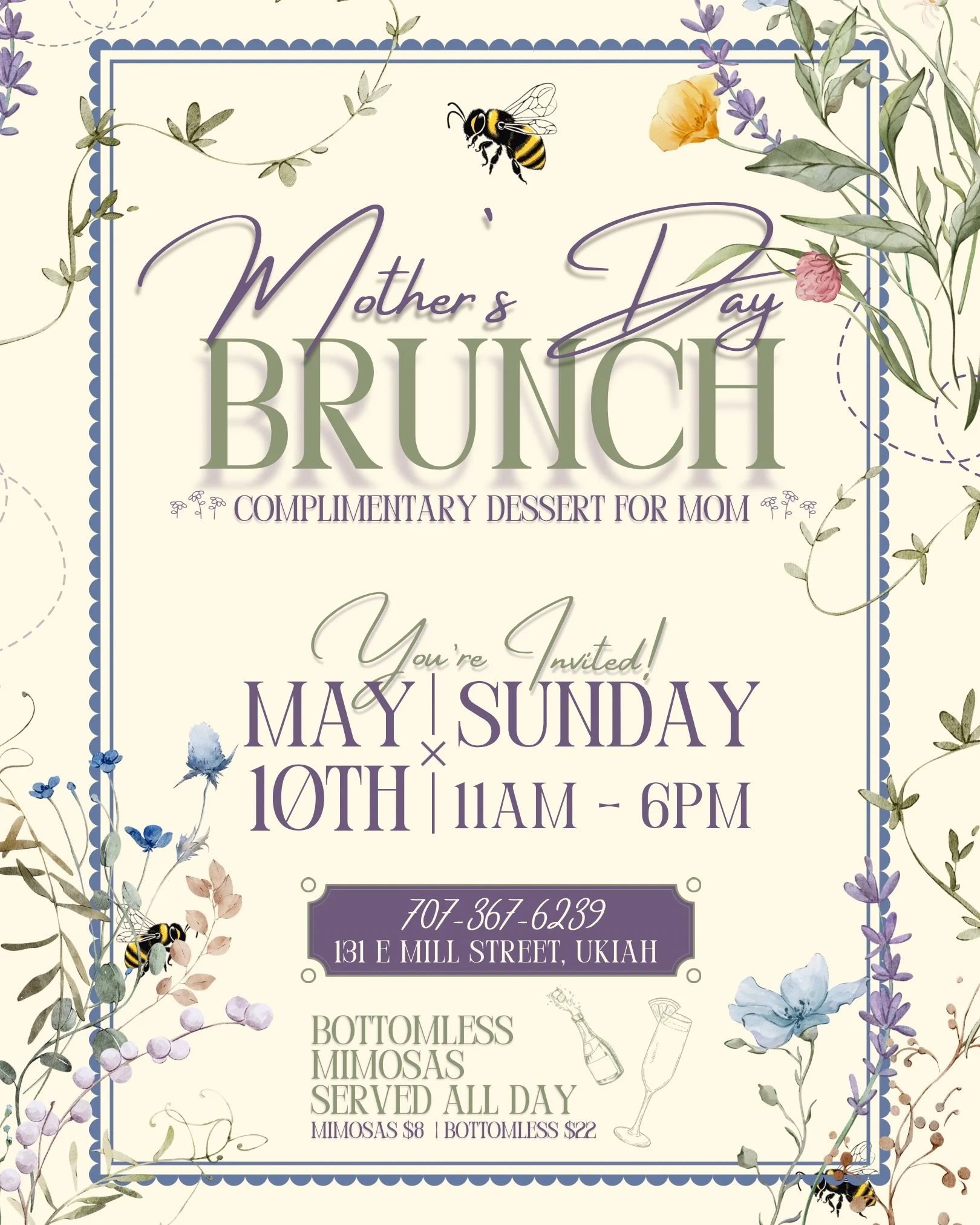 Treat your mama to Mother&rsquo;s Day Brunch at The Beehive with cr&egrave;me br&ucirc;l&eacute;e french toast, chicken &amp; waffles, steak and eggs, brunch cocktails, bottomless mimosas, fresh flowers on the table, and a complimentary dessert for m
