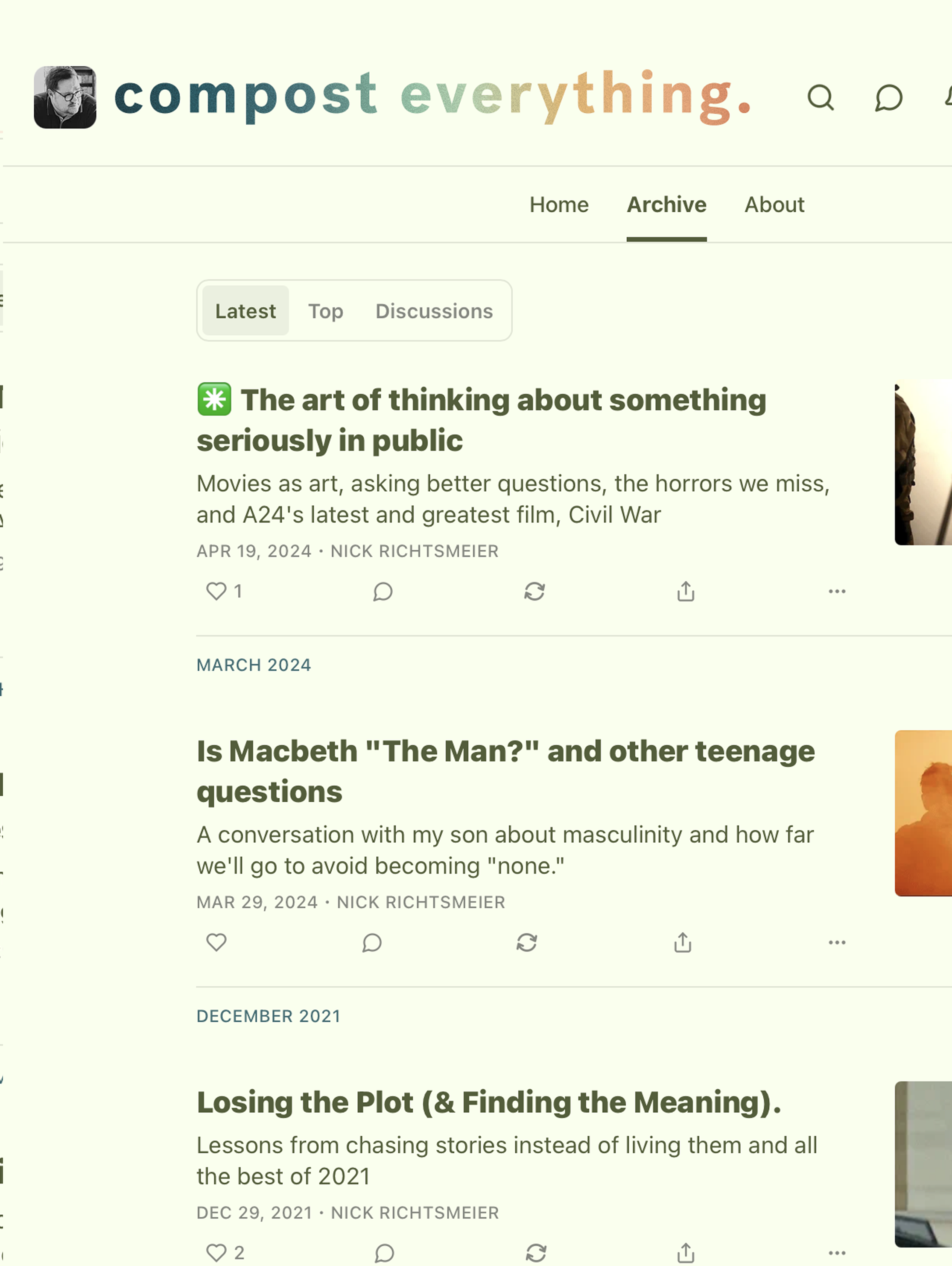 Screenshot of a website with the title 'compost everything' in colorful letters, featuring articles about art, film, and storytelling, with navigation options and profile icon.