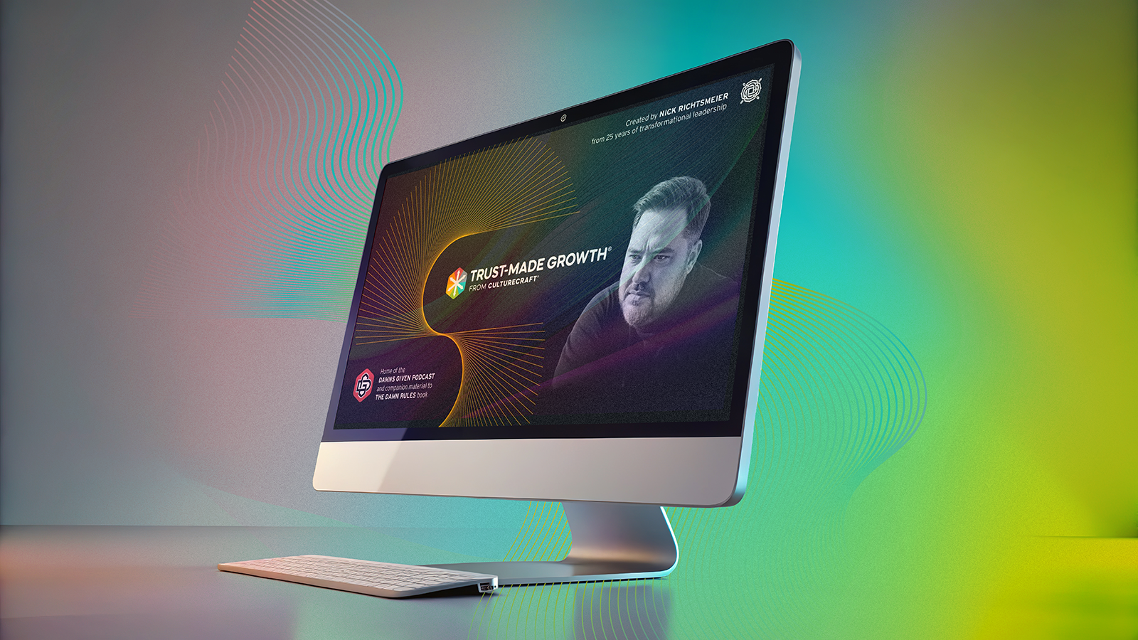 An iMac computer displaying a website with a man and colorful abstract swirls in the background. Preview of Nick Richtsmeier YouTube Channel.
