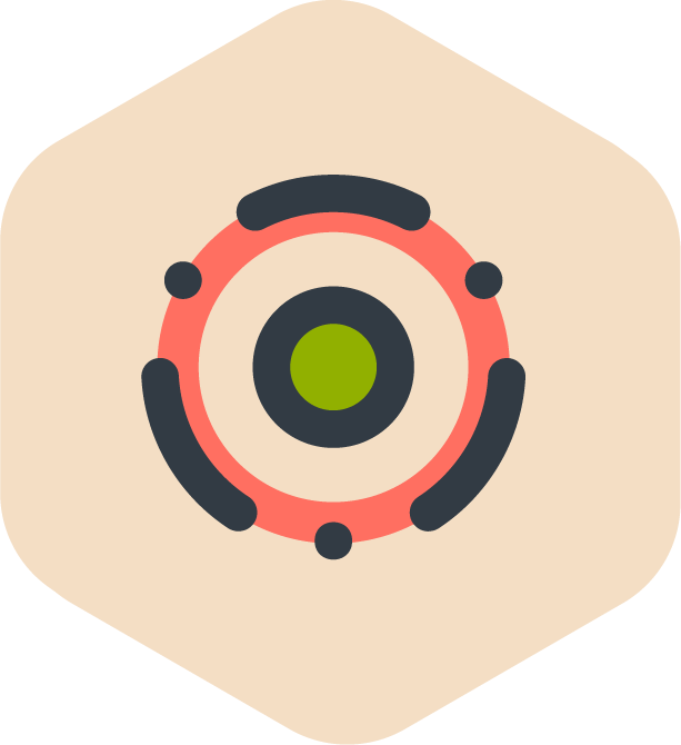 Stylized abstract icon of a camera lens in green, black, and pink on a beige background. Icon for Trust-Made Growth® Guild.