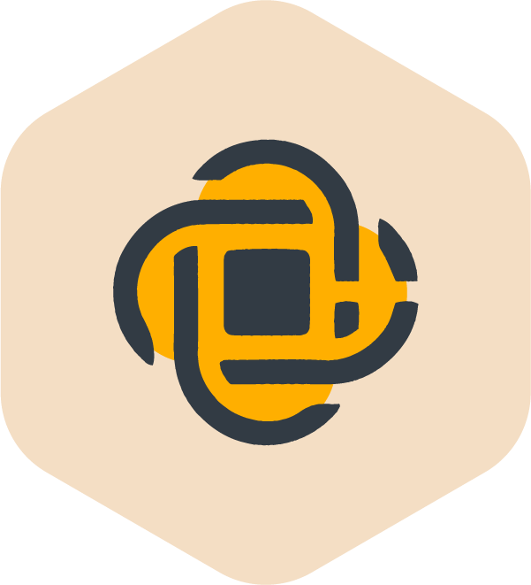 Abstract graphic with yellow and dark gray intertwined shapes on a beige background. Icon for CultureCraft