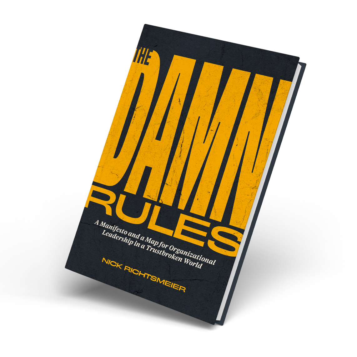 Book titled 'The Damn Rules' by Nick Richtsmeier, with a dark cover and large yellow and black text, placed on a shadowy surface.