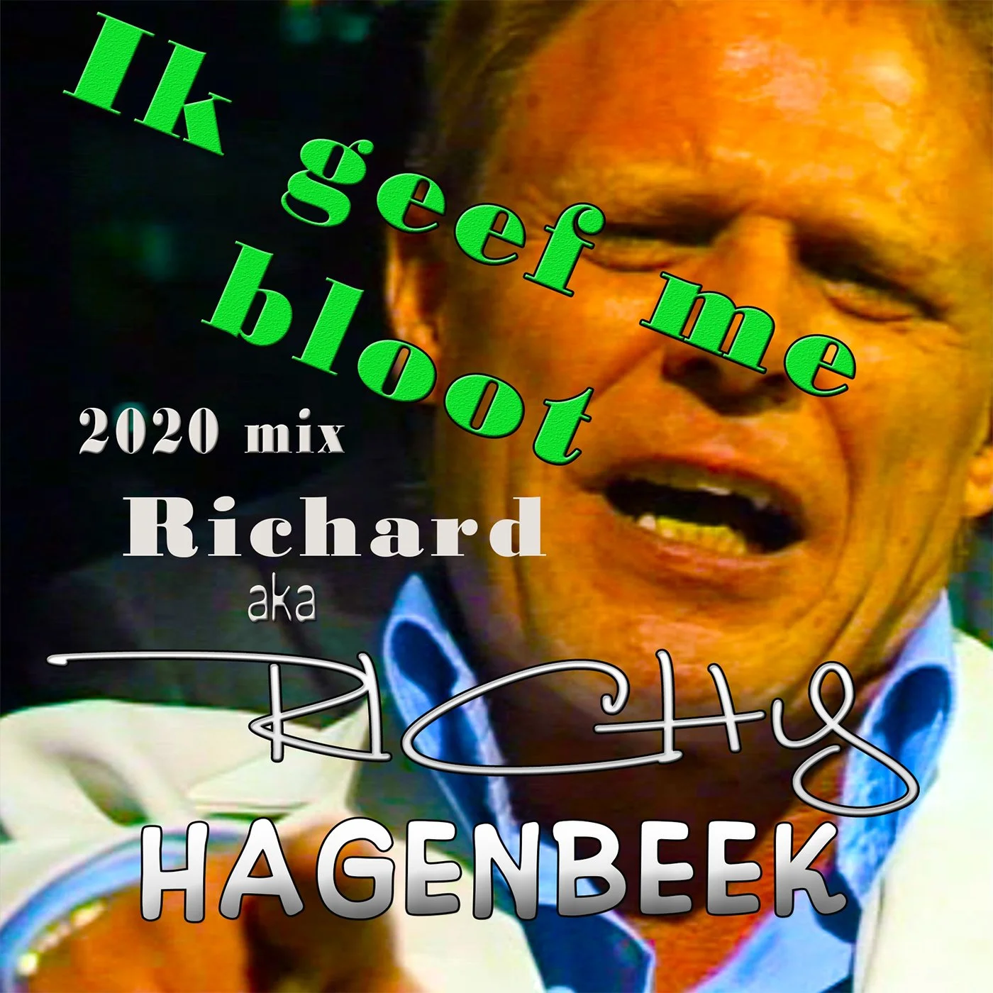 Een kleurrijke collage met de tekst 'Ik geef me goed' en informatie over een 2020 mix van Richard aka RicH Heg op HAGENBEEK, met een gedeeltelijk zichtbare man die schreeuwt of zingt.