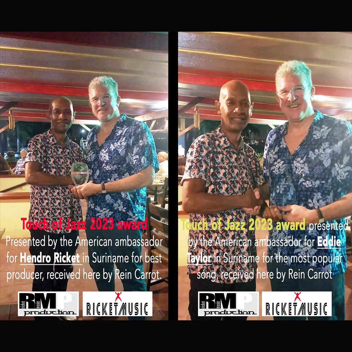 Twee mannen in bloemenhemden die een award ontvangen en overhandigen tijdens het Touch of Jazz 2023 evenement in Suriname.