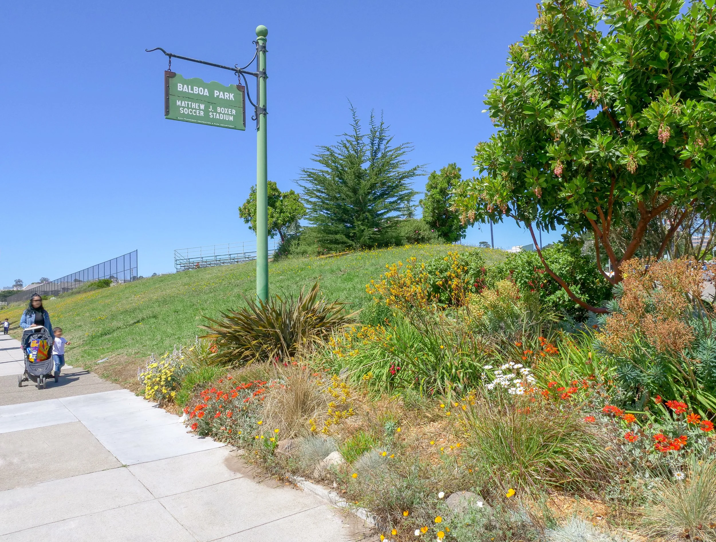A park scene with a street sign reading 'Balboa Park, Matthew J. Boxer Soccer Stadium.' There are flowering bushes and trees on a grassy hill, with a person pushing a stroller and a small child walking nearby on the sidewalk under a clear blue sky.