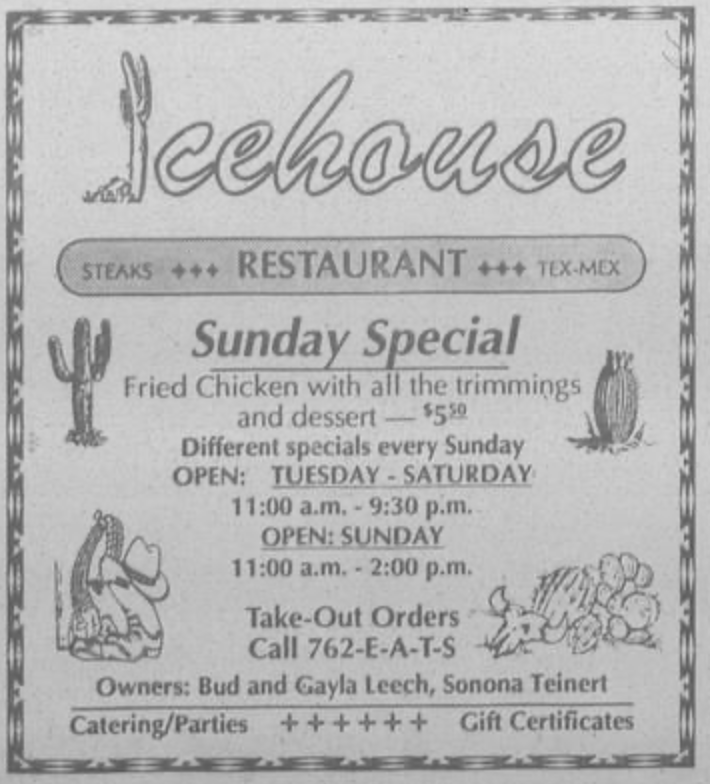 Black and white advertisement for Lehouse restaurant featuring a Sunday special of fried chicken with all trimmings and dessert. The restaurant is open Tuesday to Saturday from 11:00 am to 9:30 pm and Sunday from 11:00 am to 2:00 pm. It offers take-o