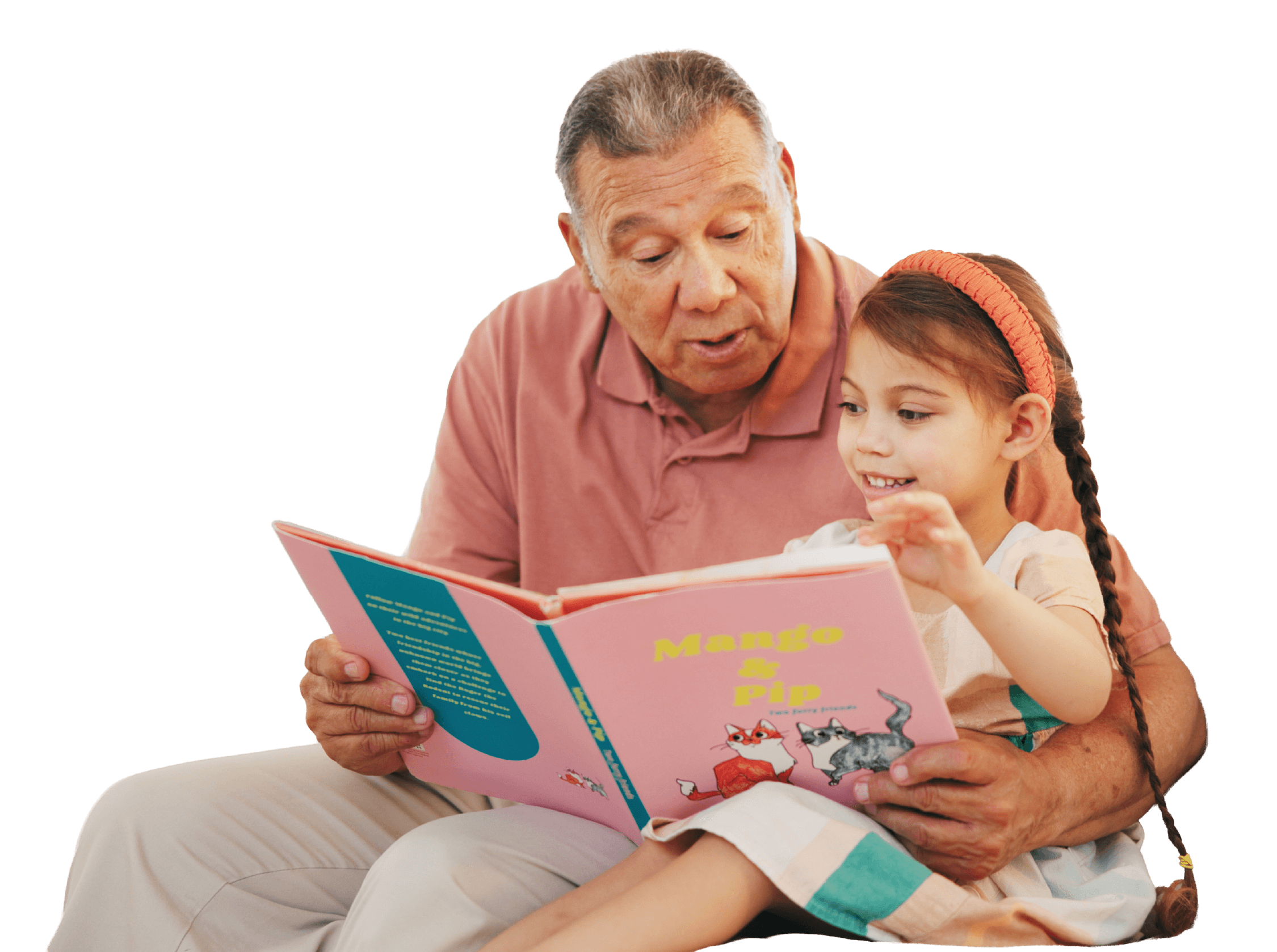 An elderly man and a young girl sitting together reading a children's book titled 'Mango & Pip'. The man is wearing a pink shirt, and the girl has long braided hair with a pink headband, and they are smiling.