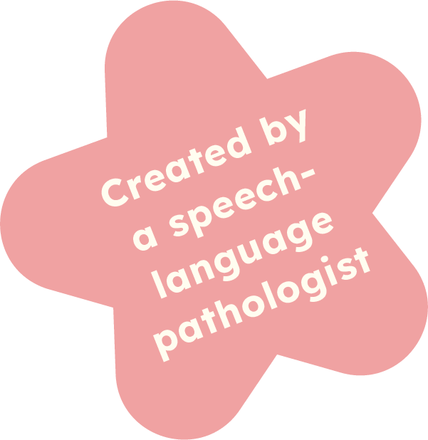 Pink star shape with white text that says, "Created by a speech-language pathologist."
