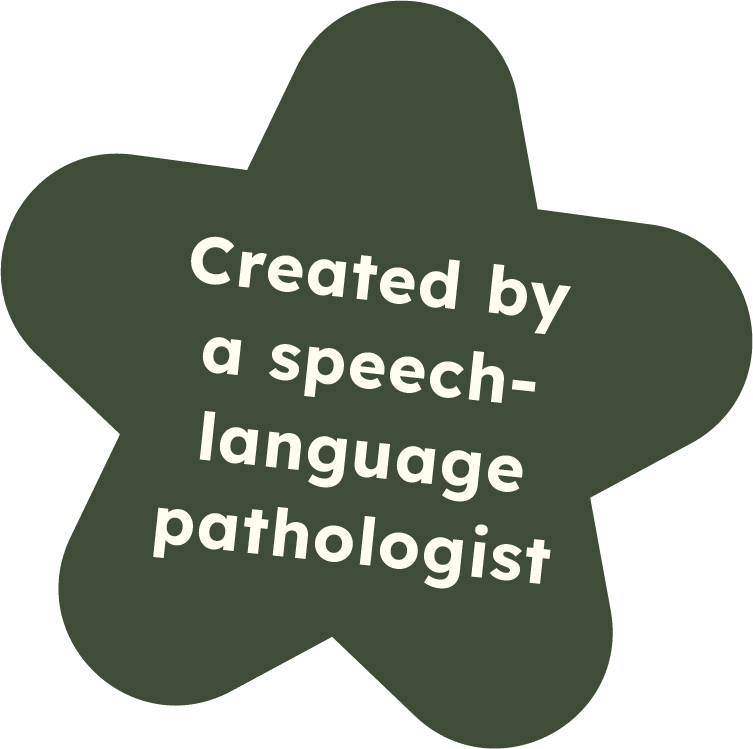 A dark green star-shaped badge with white text that says, "Created by a speech-language pathologist."