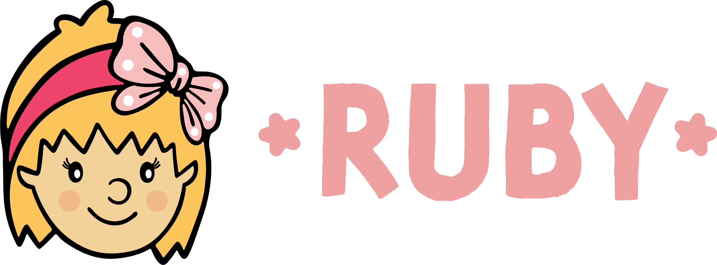 Logo for 'RUBY' featuring a cartoon girl's face with blonde hair, a pink bow, and the text 'RUBY' in pink surrounded by small pink stars.