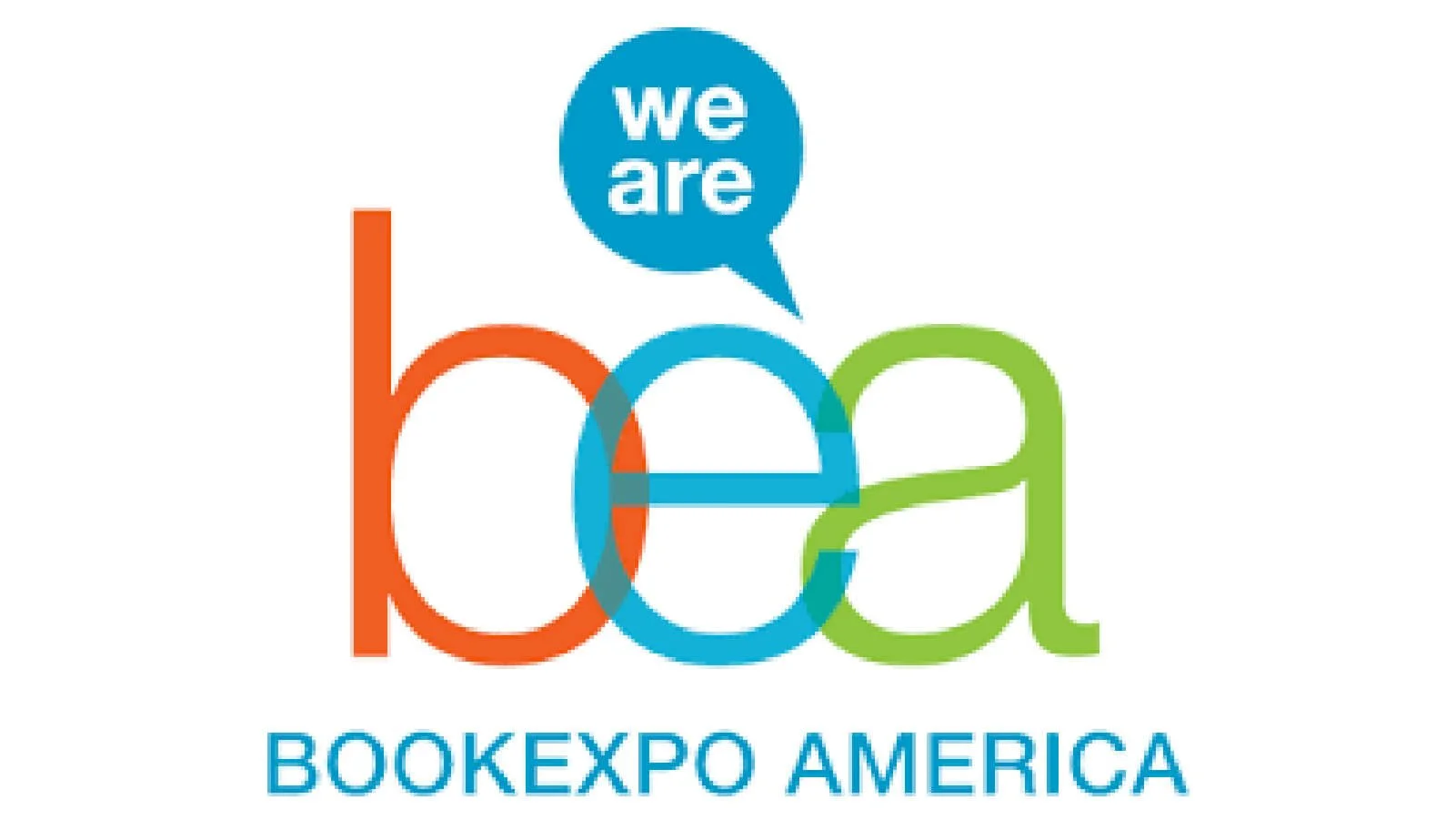 Logo for BookExpo America, featuring overlapping letters 'b', 'o', 'o', 'k' in red, blue, and green, with a speech bubble saying 'we are' above the letter 'b'.