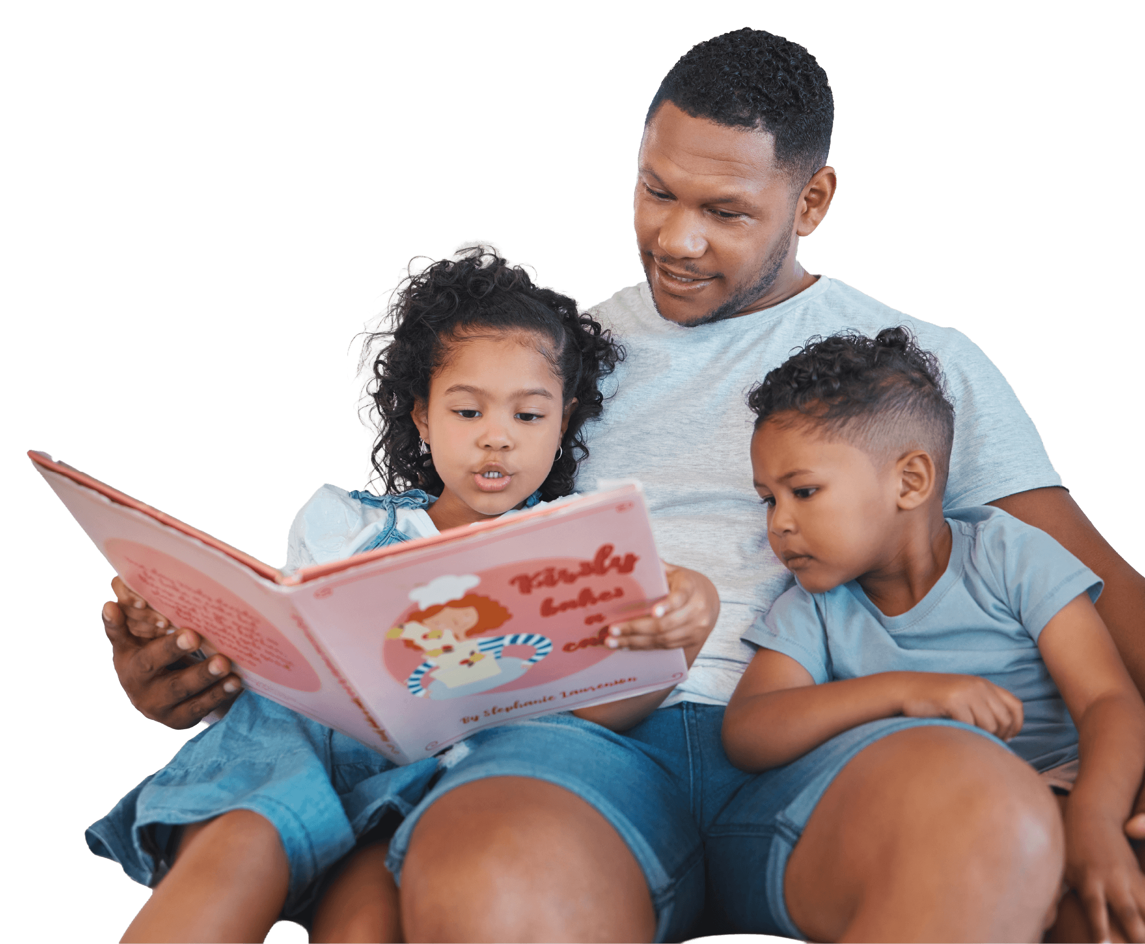 An adult man reading a children's book to two young children, one girl and one boy, sitting on his lap, with all three focused on the book.