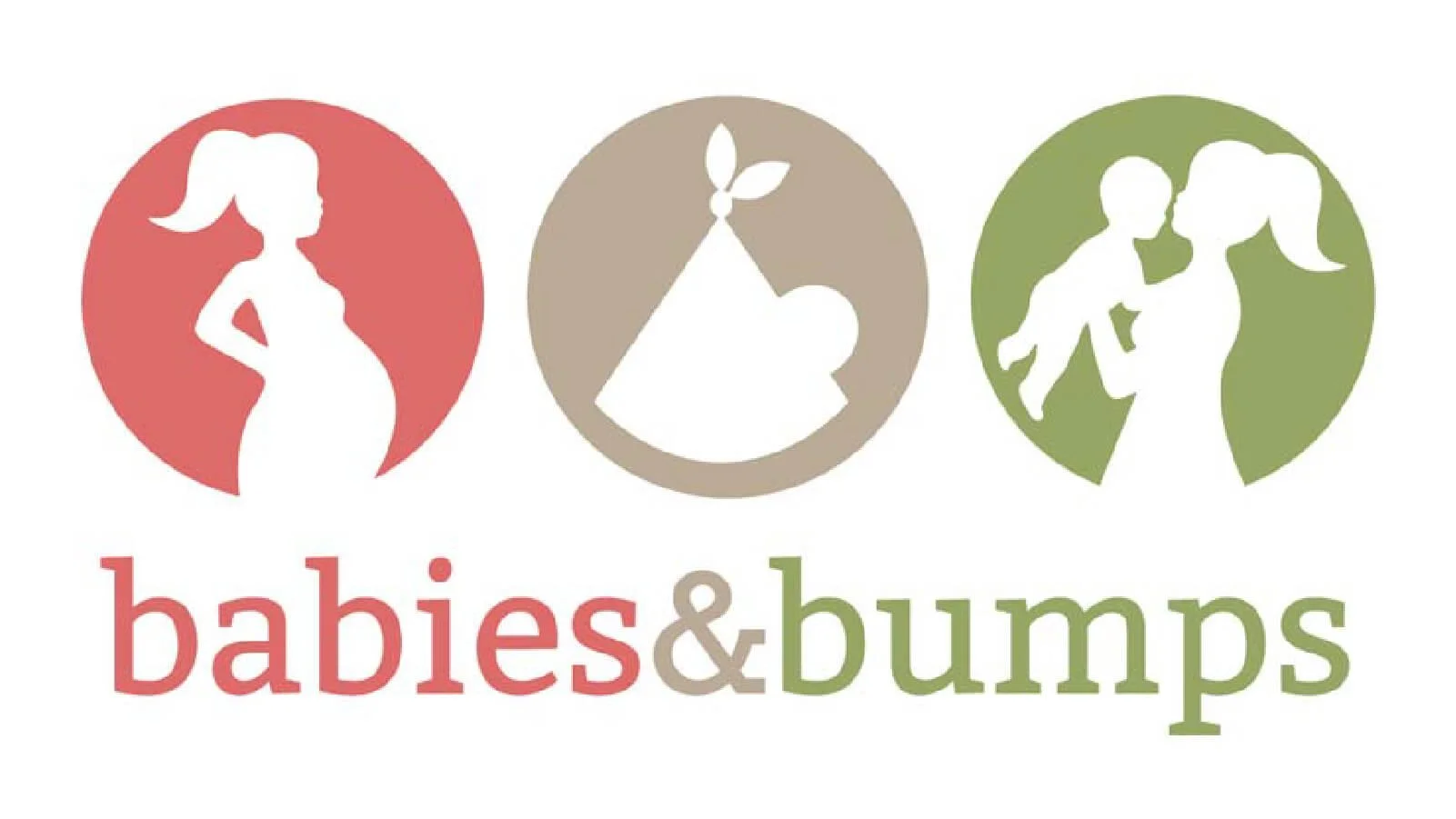 Logo with three circles: a woman silhouette in red, a baby in a diaper in beige, and a pregnant woman with a child in green. Text reads 'babies & bumps' in red and green.