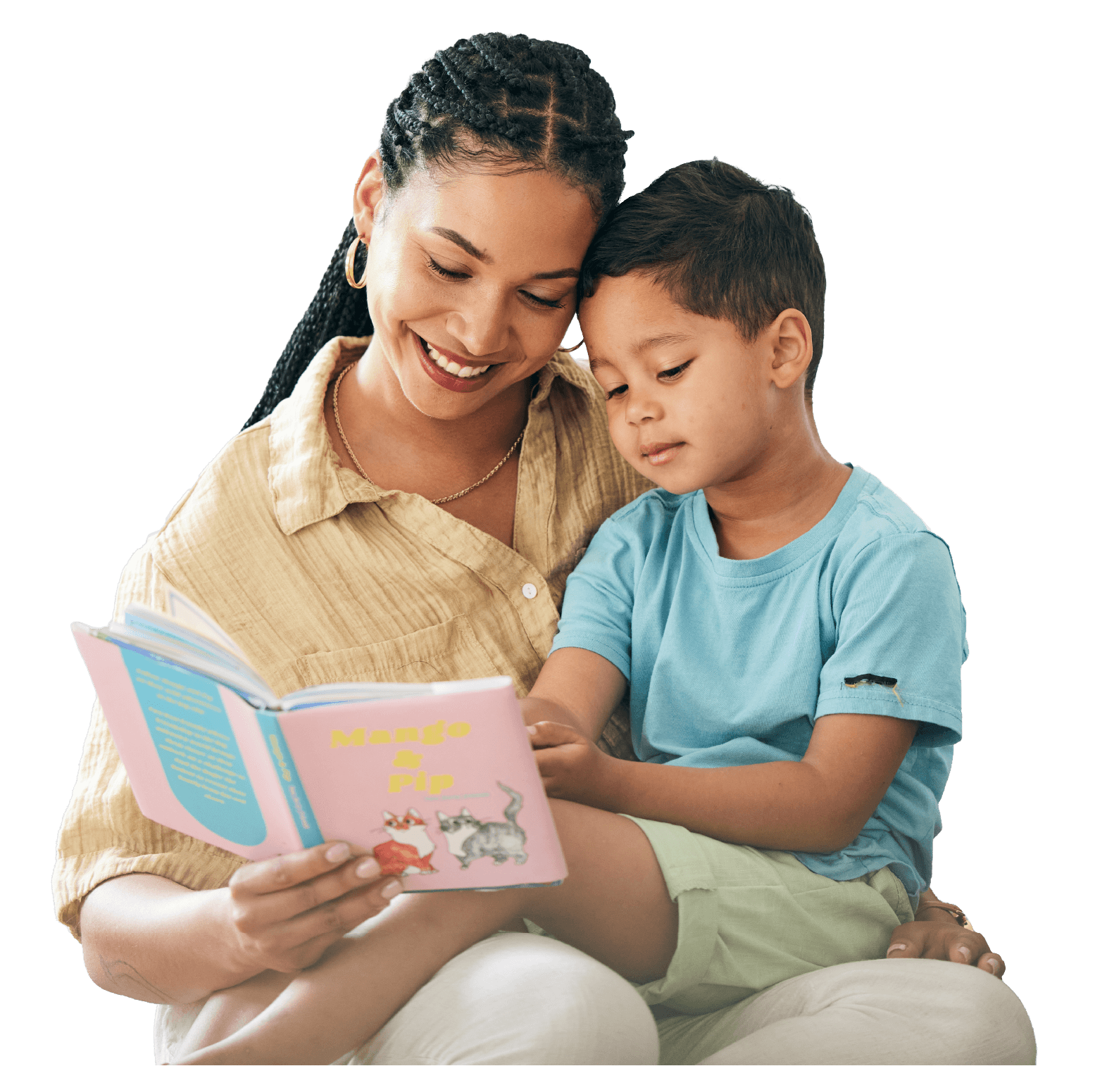 A woman and a young boy sitting together, reading a pink children's book titled "Mango & Pip." The woman is smiling affectionately while the boy looks attentively at the book.