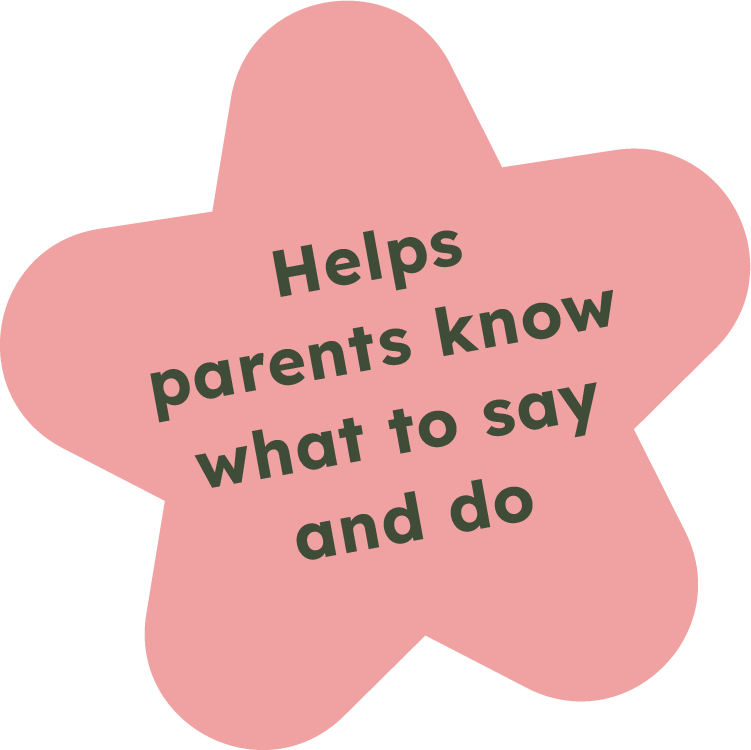 Pink star-shaped graphic with the text "Helps parents know what to say and do" in bold, dark green letters.