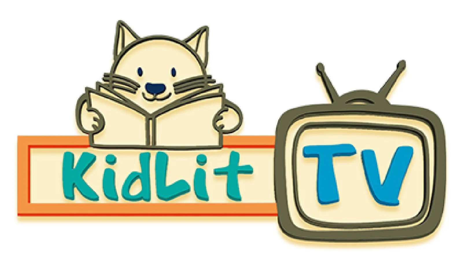 A cartoon cartoon fox reading a book behind a sign that says 'KidLit' with a vintage television set displaying 'TV' beside it.