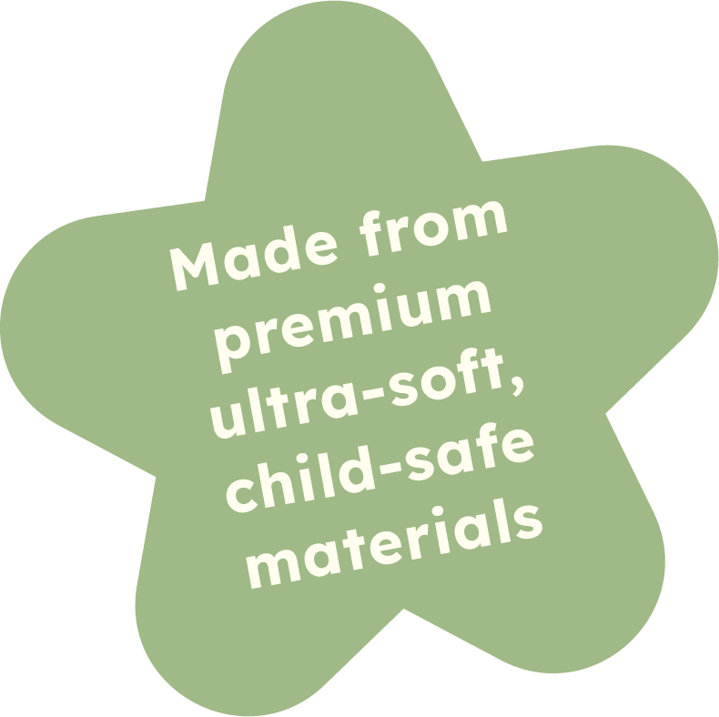 Green star-shaped label with white text that says, "Made from premium ultra-soft, child-safe materials."