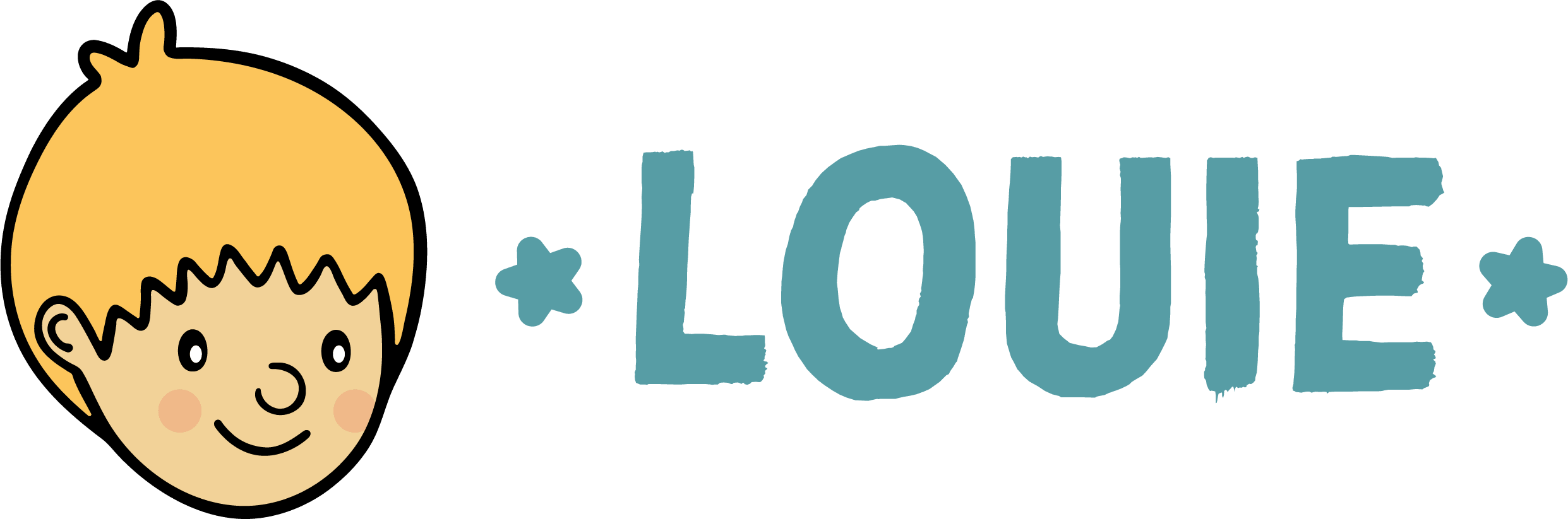 A cartoon boy with blonde hair and a smiling face next to the word 'LOUIE' in blue letters with small decorative stars.