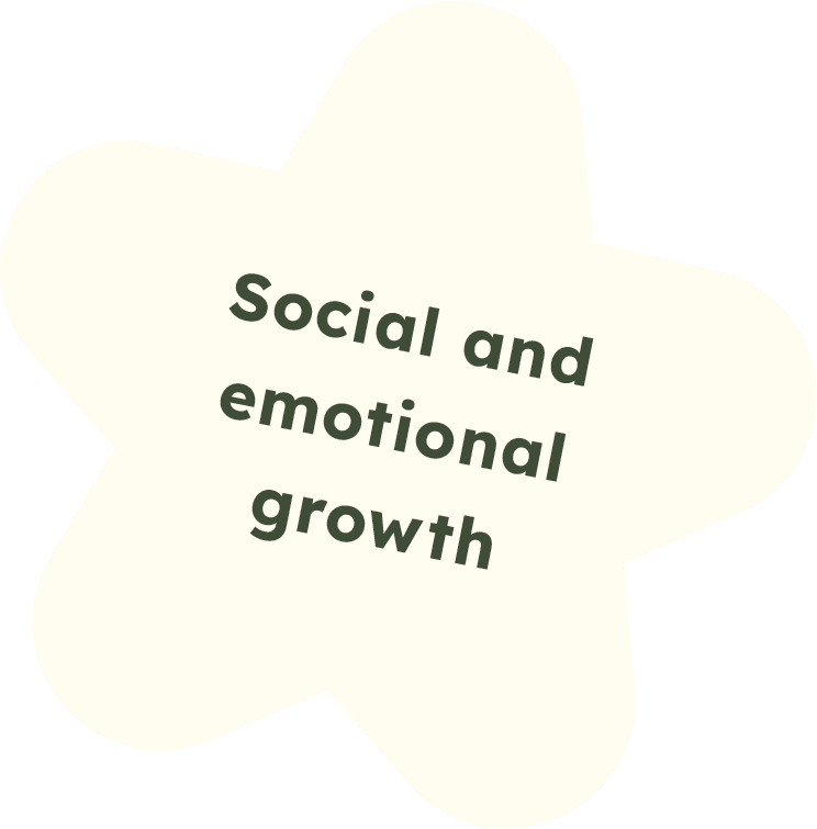 A cream-colored star with dark green text that says 'Social and emotional growth'.