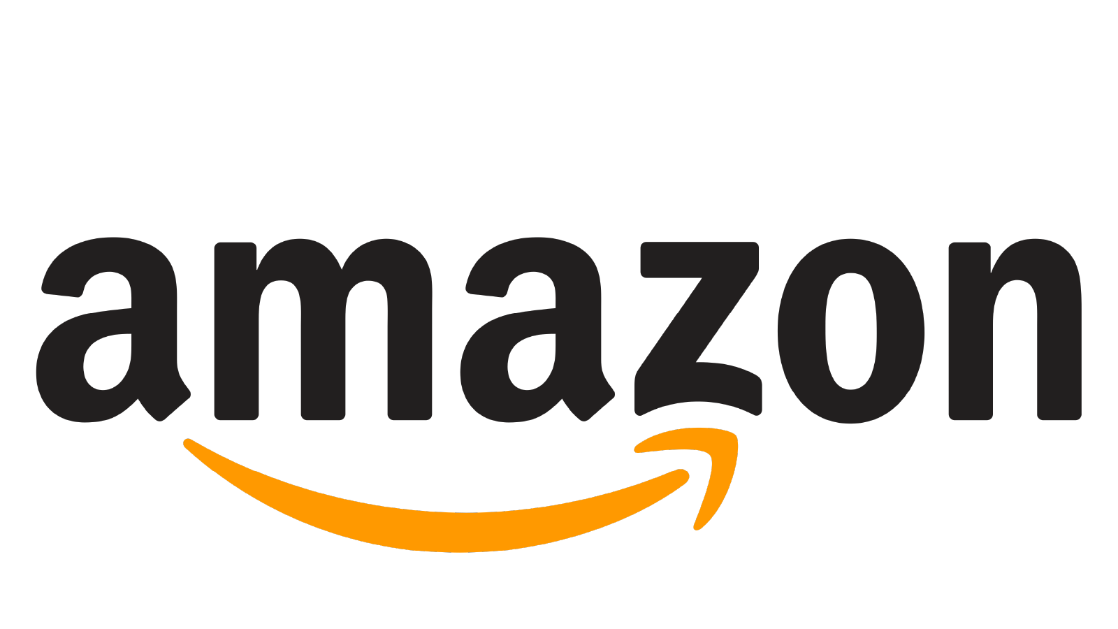 Amazon logo with black background, orange arrow underneath the text.