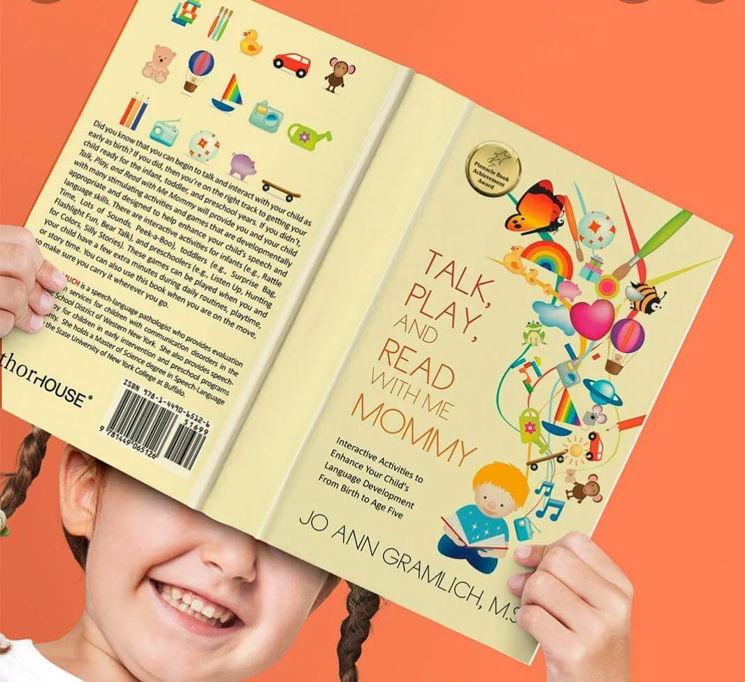 Cover of a children's book titled 'Talk, Play, and Read with Me Mommy' with colorful illustrations of toys, animals, rainbows, and a young girl reading a book.