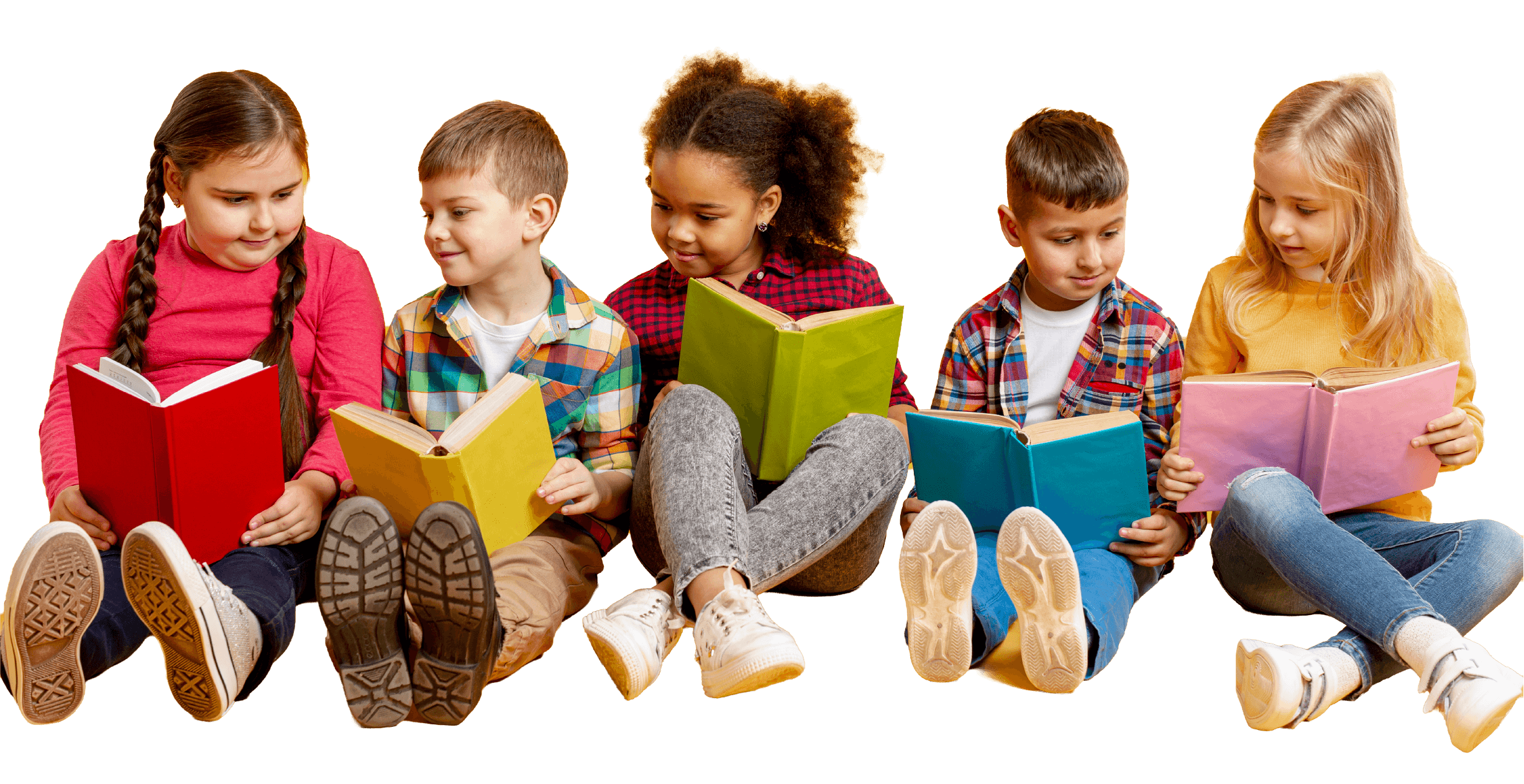 Five children sitting on the floor reading books, all looking at their books with interest.