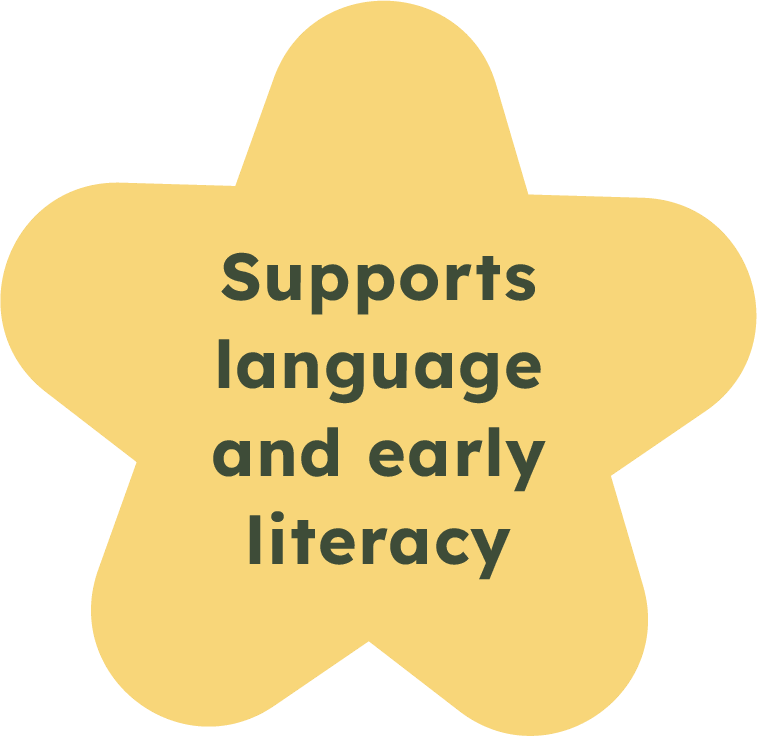 Yellow star-shaped graphic with black text stating: "Supports language and early literacy".
