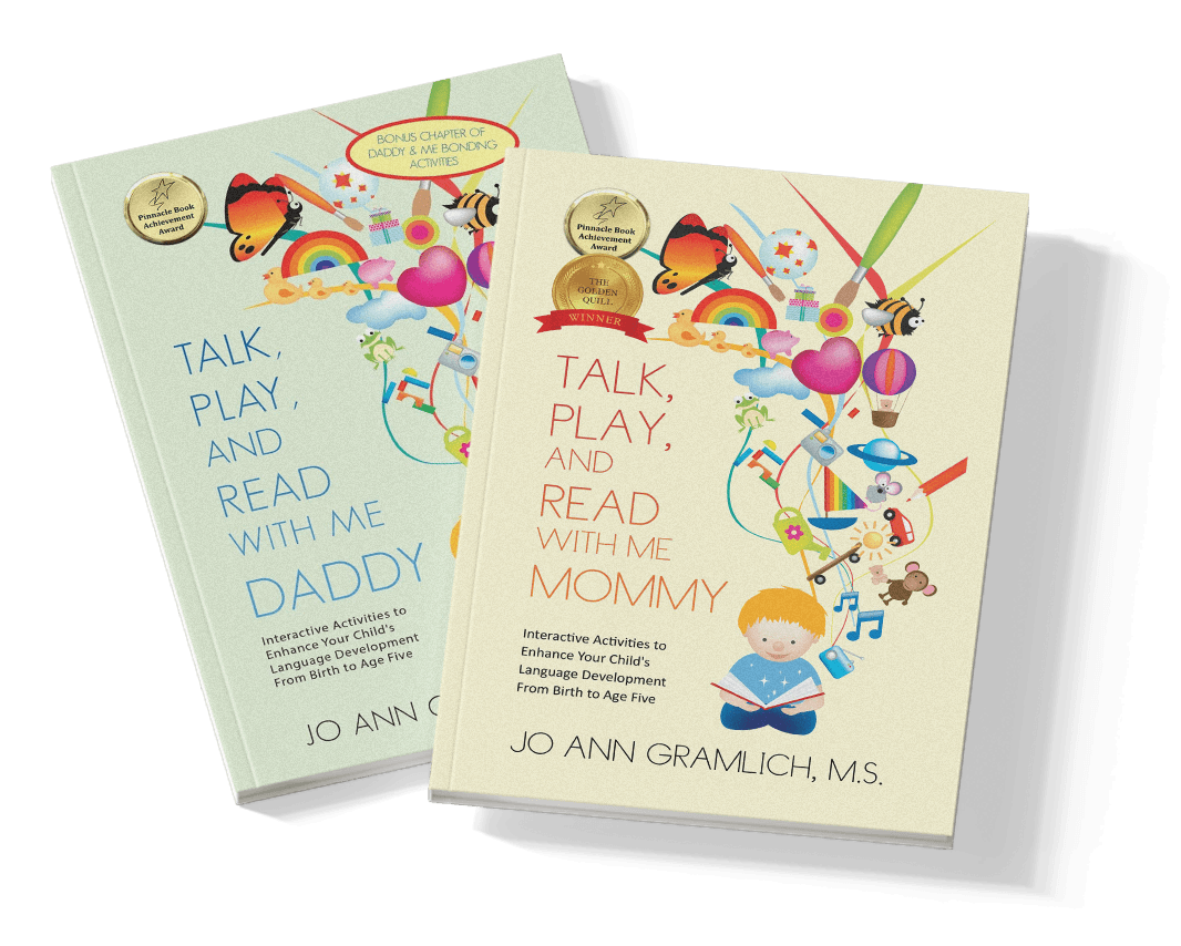 Two children’s books titled "Talk, Play, and Read with Me Daddy" and "Talk, Play, and Read with Me Mommy" with colorful illustrations of toys, animals, and a child reading a book on the covers.