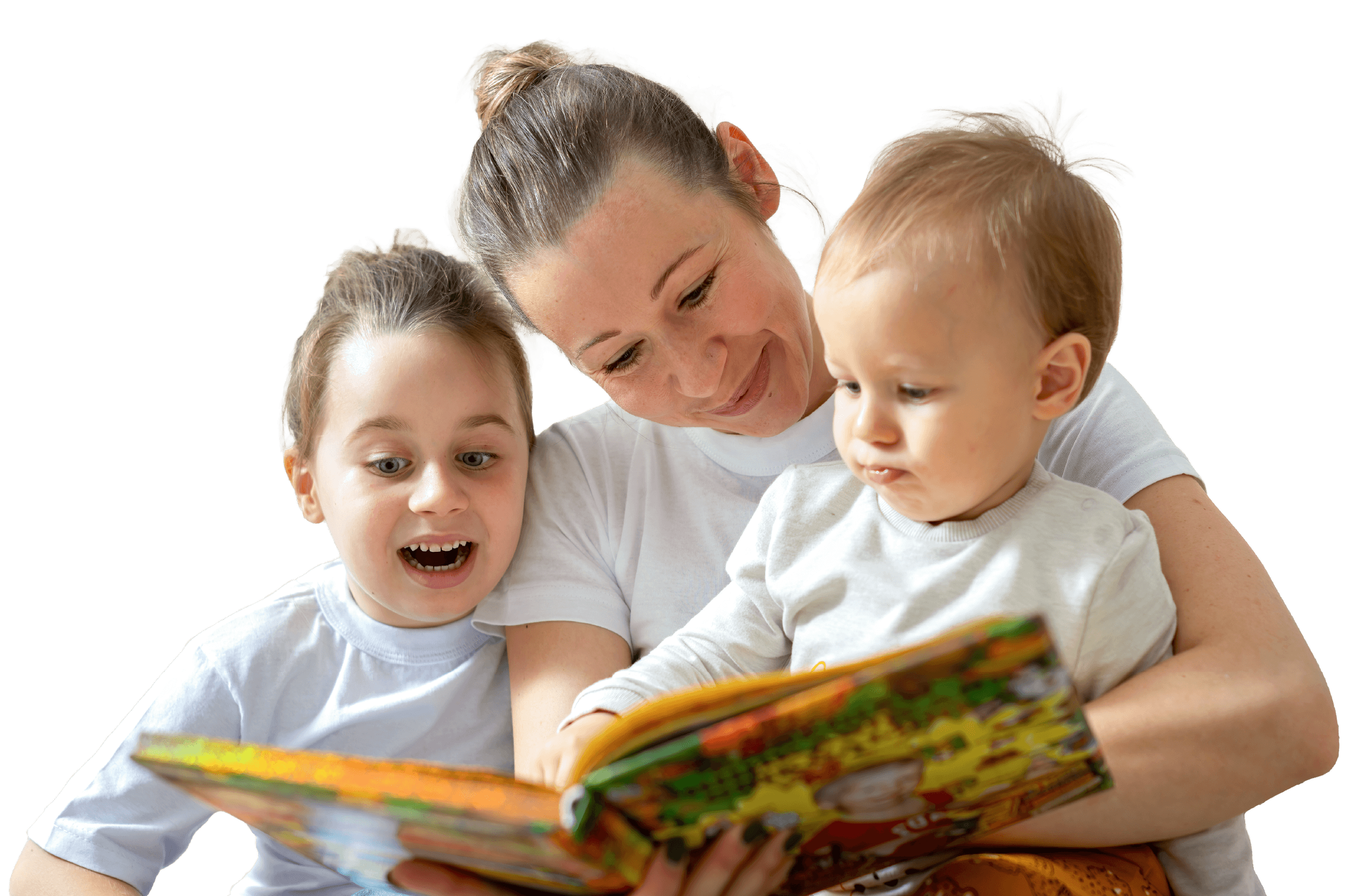 A woman reading a colorful children's book to two young children, a girl and a boy, who are looking at the book with interest.