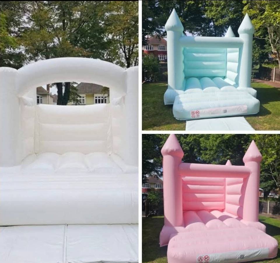 Three images of inflatable bouncy castle slides in white, blue, and pink colors, set outdoors on grass with trees in the background.