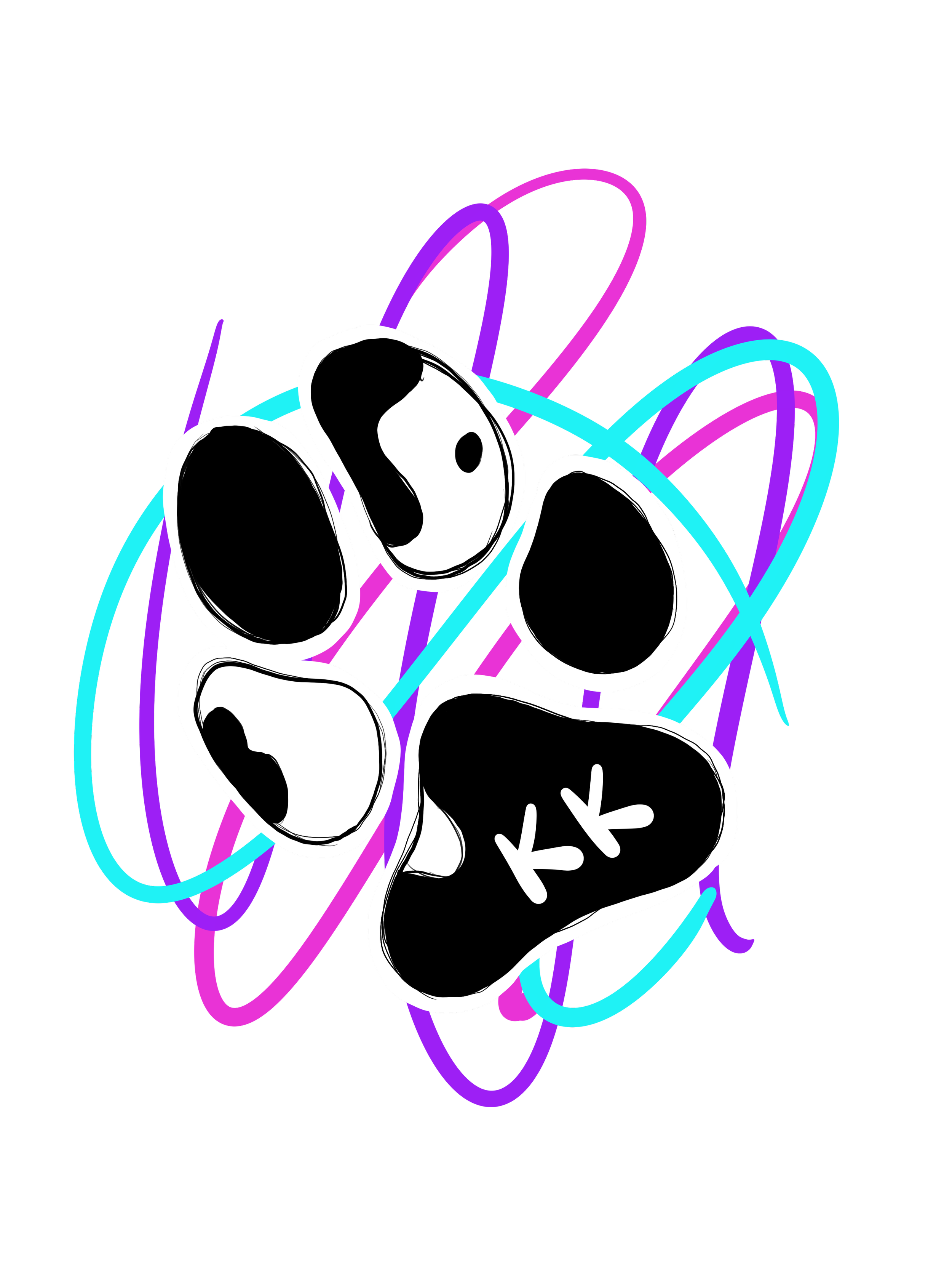 Digital illustration of a paw print with the letters 'KK' inside the bottom pad, surrounded by colorful neon scribbles on a black background.