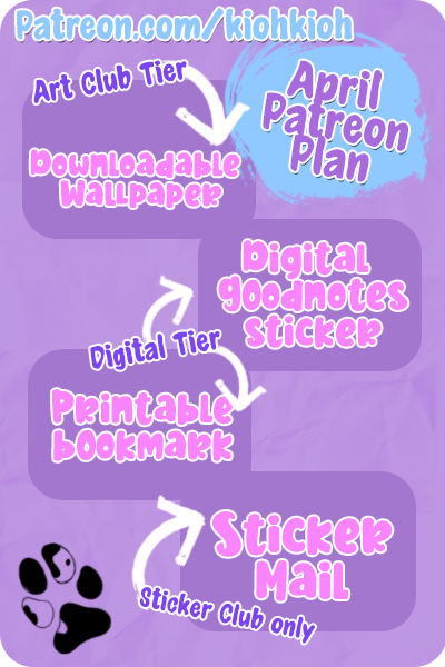 Flowchart showing different tiers of a digital sticker and printable bookmark system, including links to Patreon, downloadable wallpaper, and sticker mail, with purple and blue backgrounds.