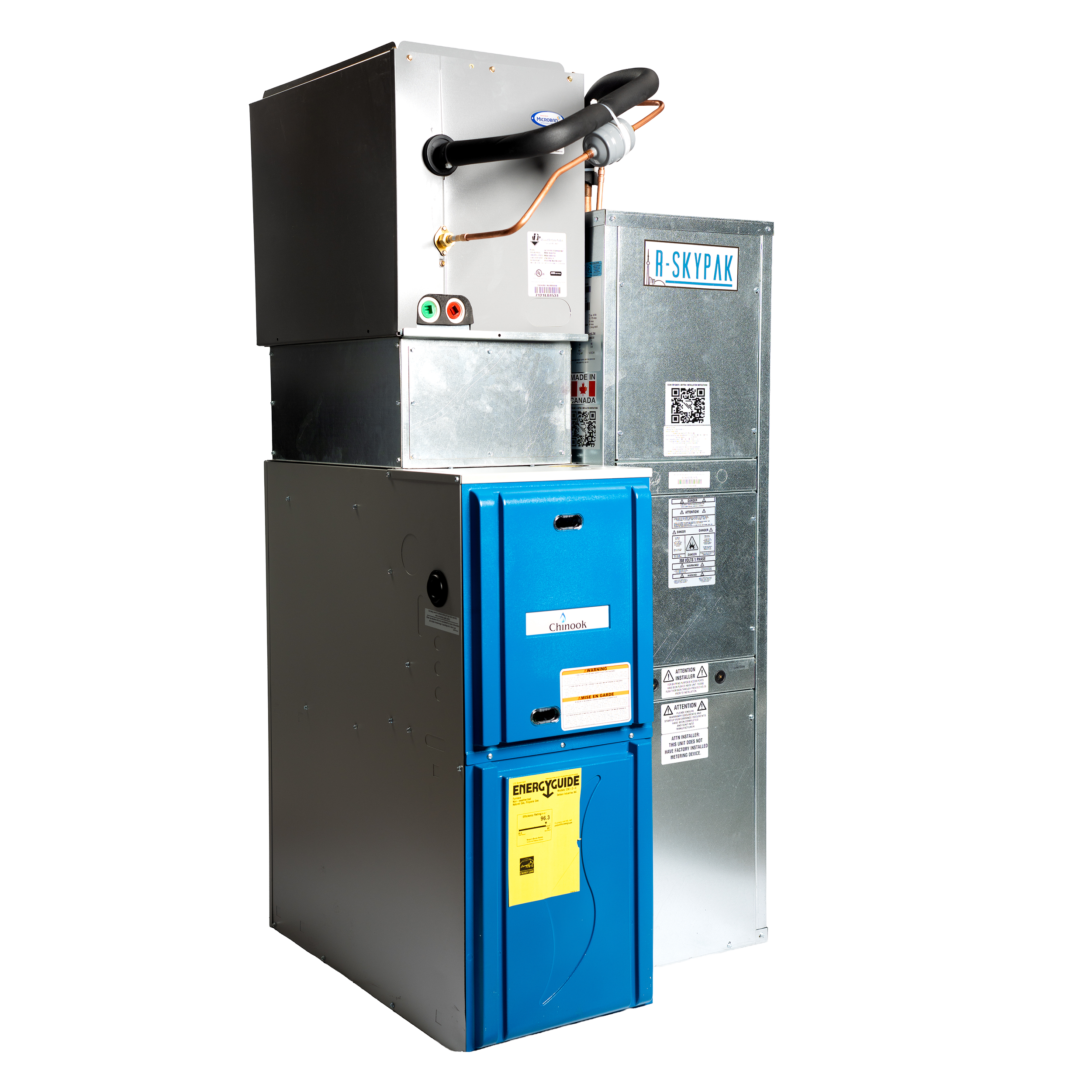 Industrial HVAC system with various metal and blue components, including control buttons and labels, set against a white background.