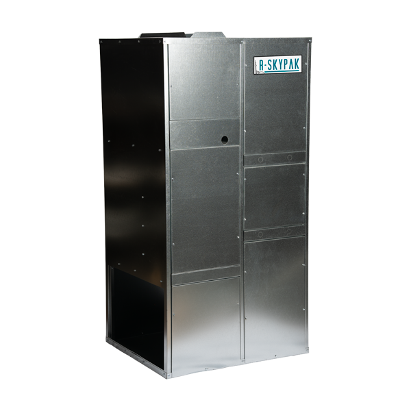 A large, metallic, rectangular shipping container with the label 'R-SKYPAK' on the front.