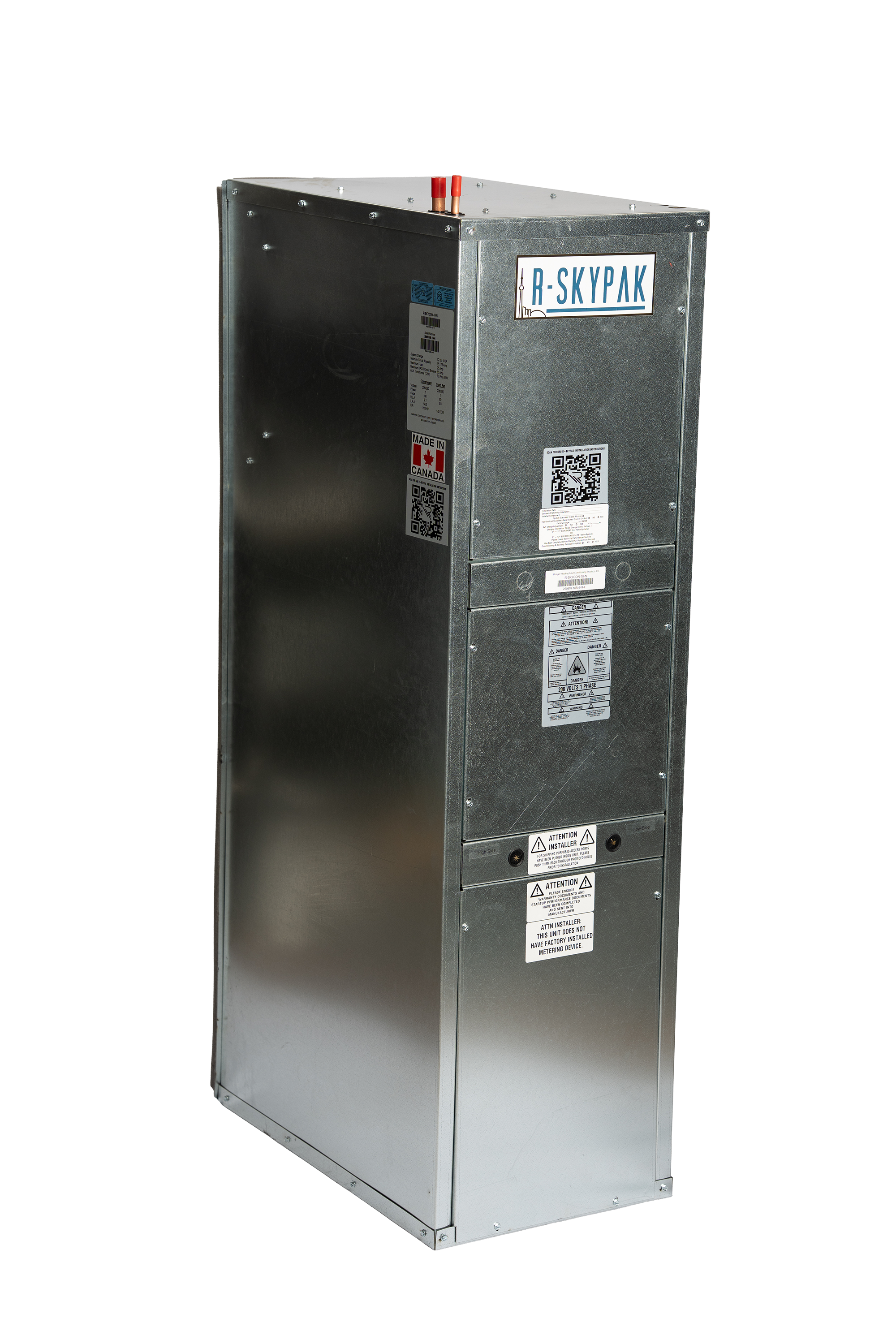 A metallic communication or telecommunication equipment cabinet labeled R-SKYPAK with various labels, QR codes, and warning stickers.