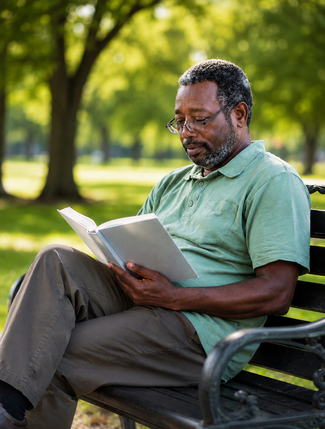 An older man with glasses and gray hair reading a book while sitting on a park bench on a sunny day with green trees in the background.